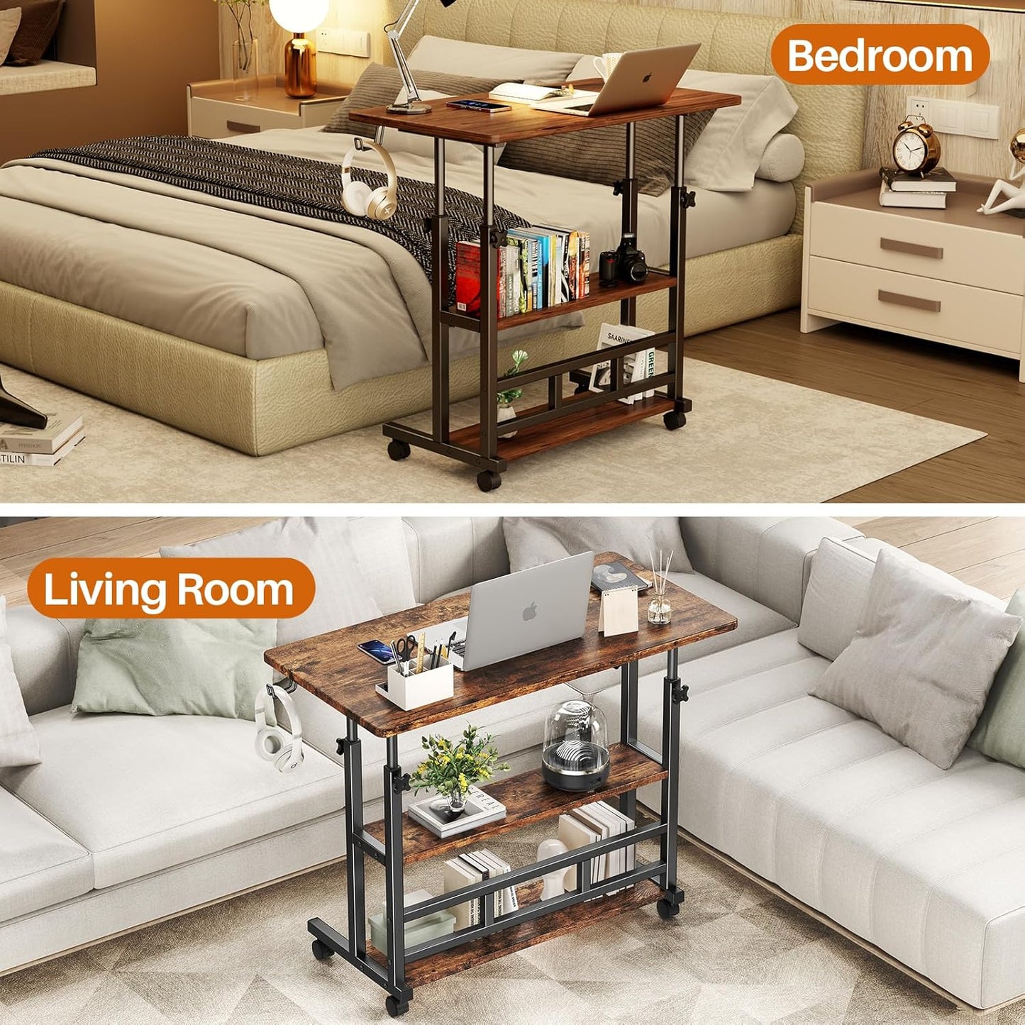 Adjustable Height Standing Desk, Rolling Stand Up Desk with Storage Shelves, 31.5" Small Mobile Computer Desk, Portable Laptop Table (Simple Brown)