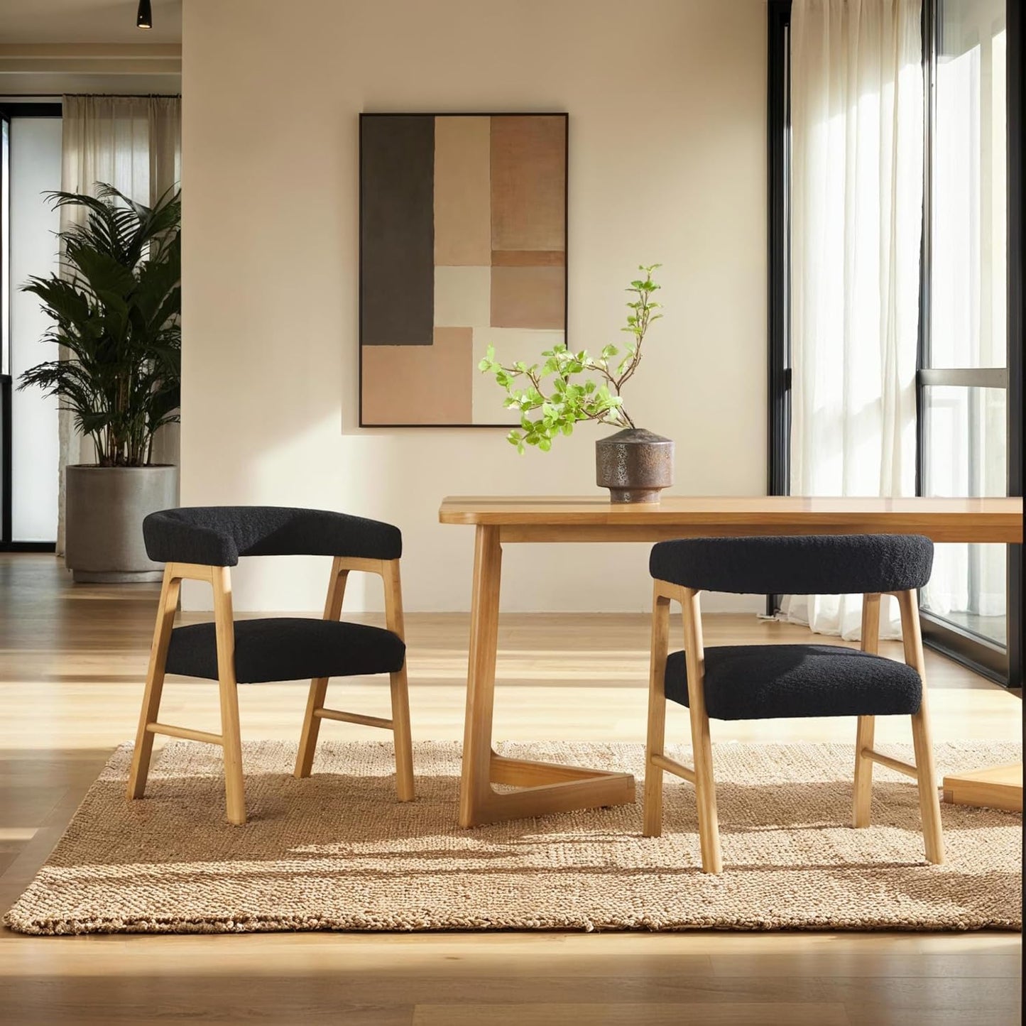 Walker Edison Ezra Modern Curved Back Dining Chair with Boucle Upholstery - Black (Set of 2)