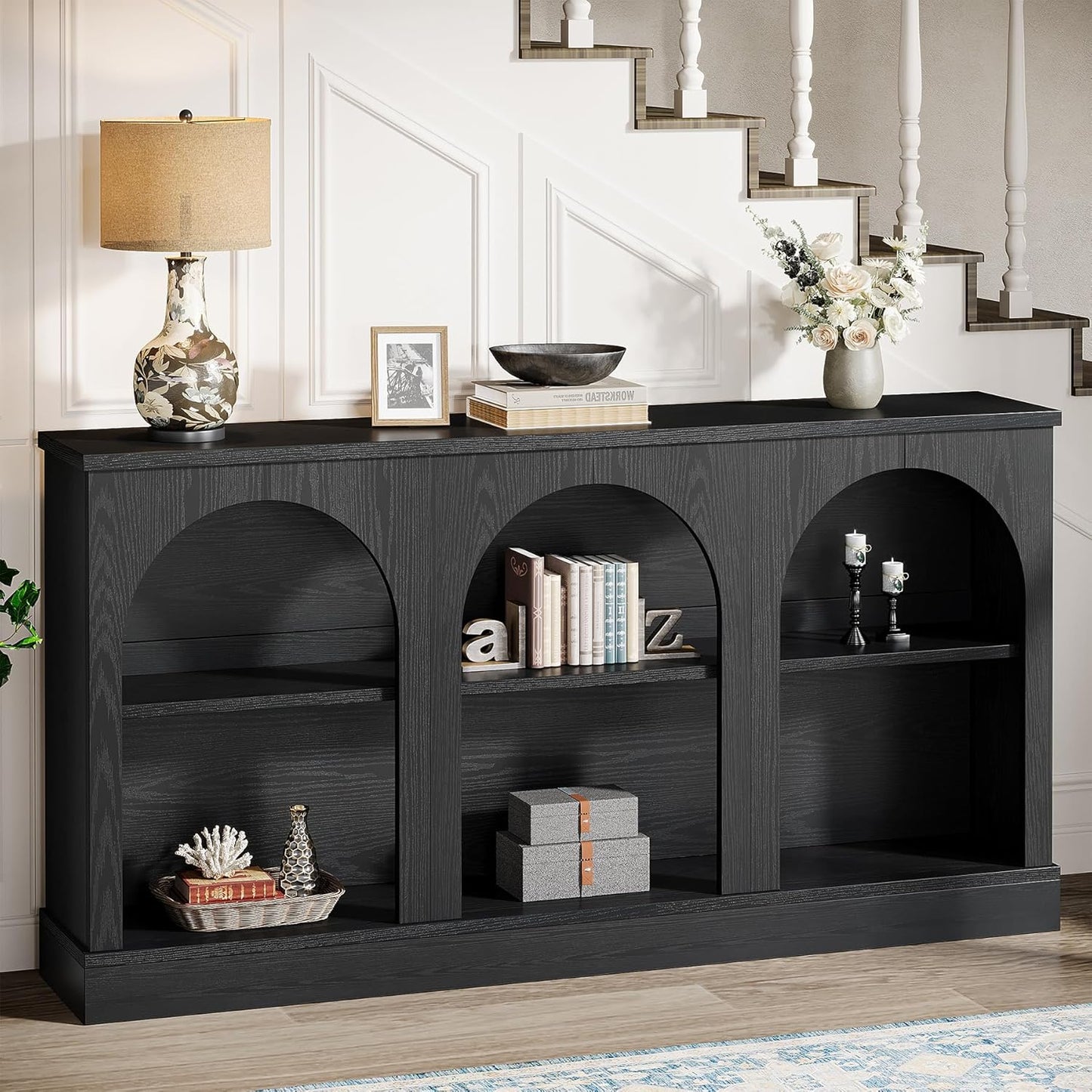 Tribesigns Farmhouse Console Table, 63-Inch Long Entryway Table with 3 Tier Storage, Wooden Rectangular Sofa Table Behind The Couch for Entrance, Hallway, Living Room, Black