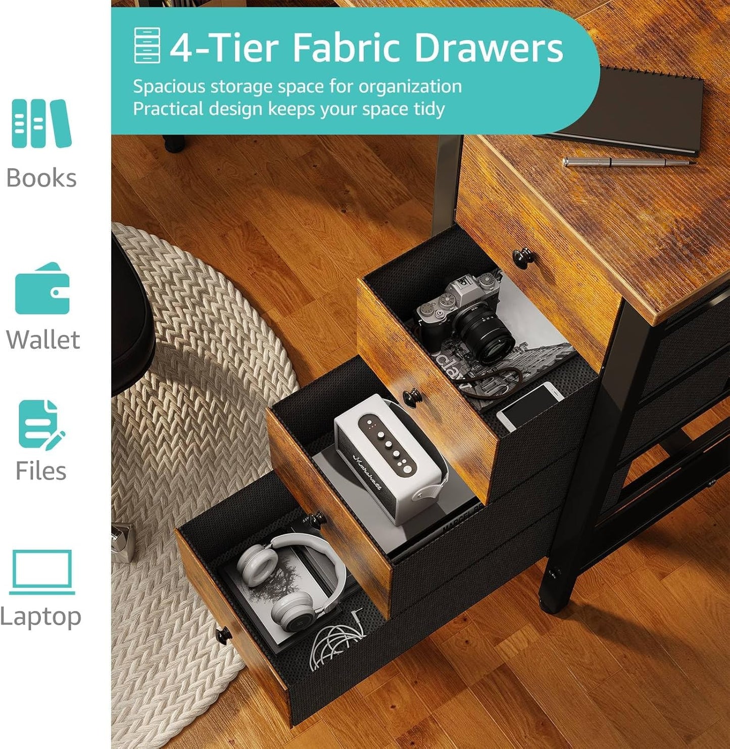 Lufeiya 47 inch Desk with 4 Drawers & Storage Shelves, Writing Work Study Computer Desk for Home Office Bedroom, Modern Simple Student PC Desks Table, Rustic Brown