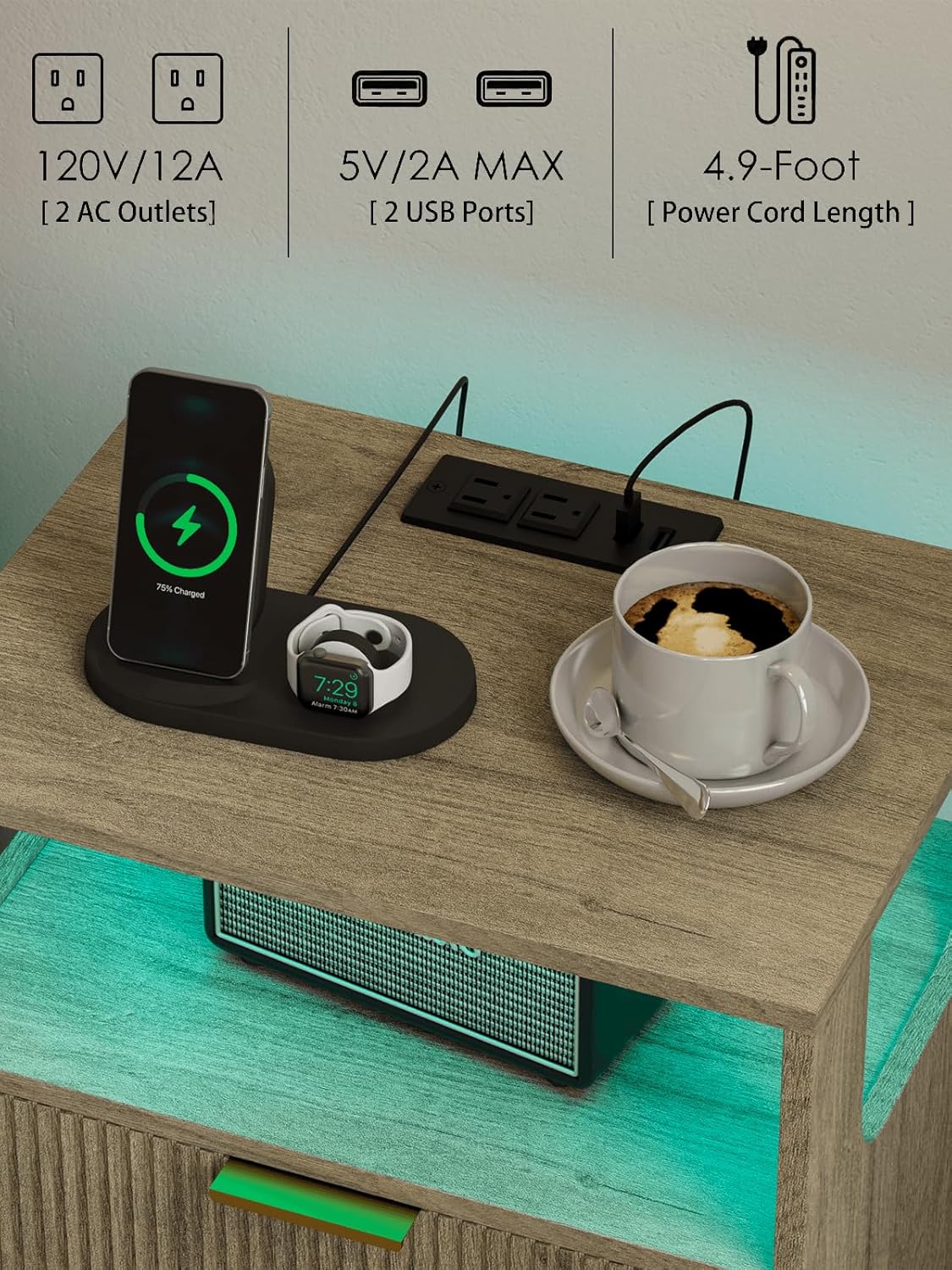 Nightstand, Modern Bedside Table with 2 Storage Drawer and Open Wood Shelf for Bedroom and Small Spaces, Night Stand with Solid Wood Legs (Grey Oak-Outlet)