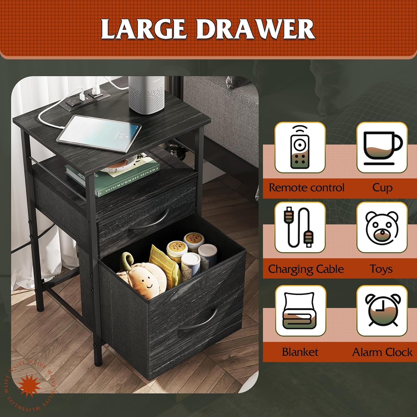 WLIVE Nightstand with Charging Station, Side Table with 2 Fabric Drawers, End Tables for Bedroom, Small Dresser, USB Ports and Outlets, Charcoal Black