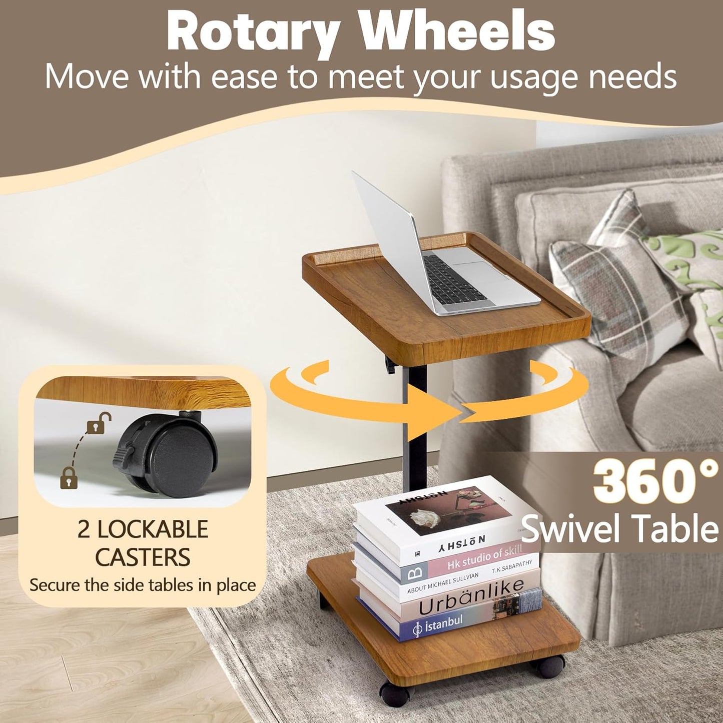 Aoligrace C Shaped End Table Adjustable Height, 360° Swivel Side Table with Wheels, Small TV Tray C Table for Living Room Bedroom, Couch Tables That Slide Under for Sofa Bed Chair