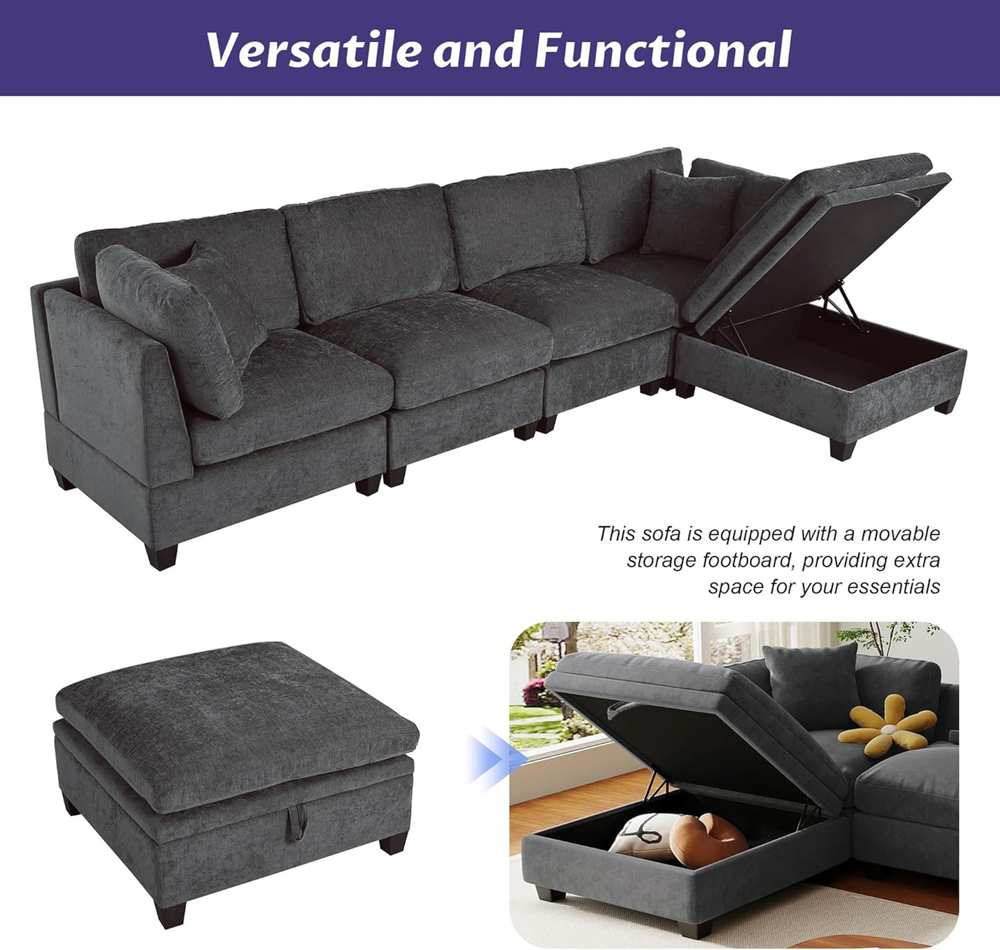 127.6 Inch 5-Seat Modular Convertible Sectional Sofa with Removable Storage Ottoman and 2 Hidden Cupholder, L-Shaped Upholstery Corner Couch for Living Room Apartment Office, Grey