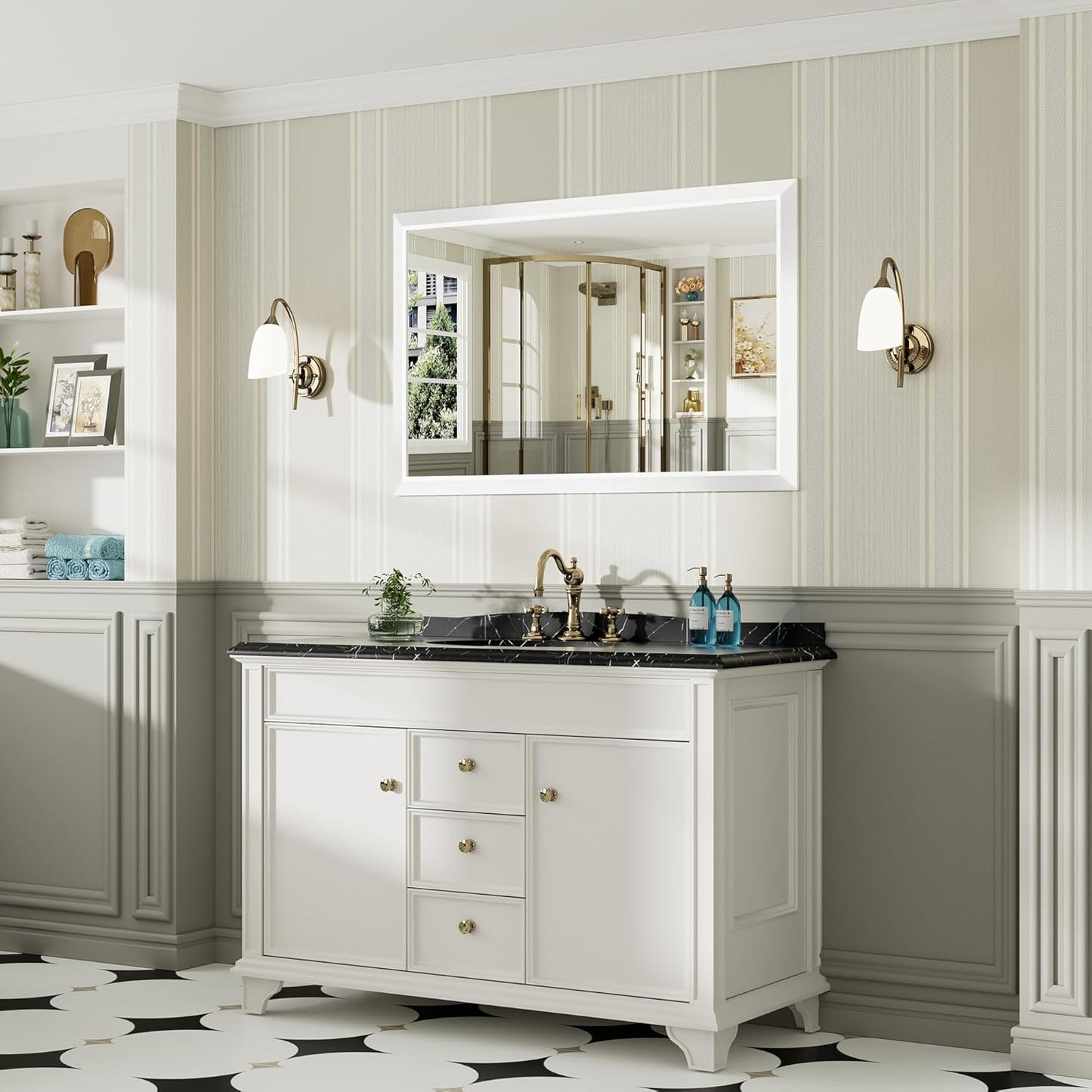 48x30 Inch White Bathroom Mirror for Wall, Thick Metal Framed Rectangle Mirrors for Over Sink, Bedroom, Living Room, Entryway, Anti-Rust, HD Tempered Glass