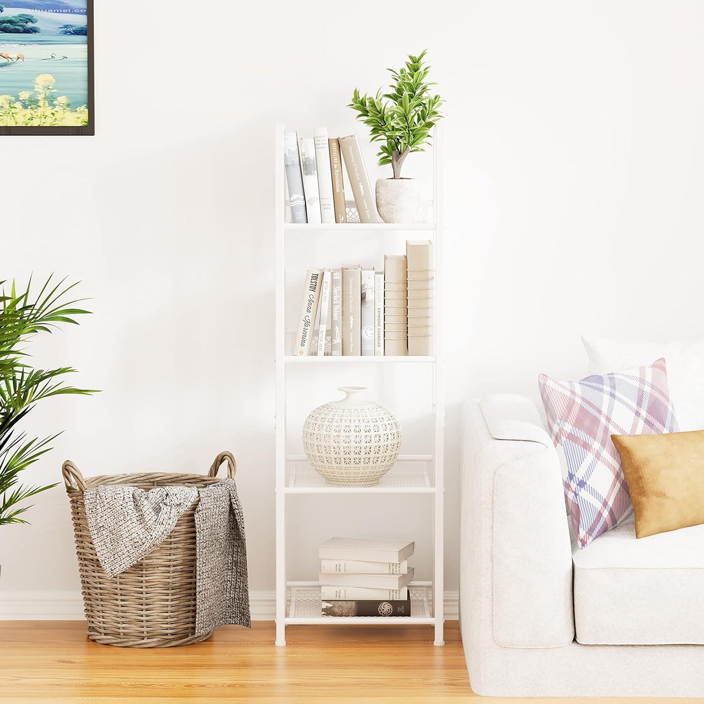 Bookshelf Storage Shelf Small Bookcase Freestanding Storage Stand for Living Room Bedroom, Kitchen, Rust Resistance, Easy Assembly Free Combination Multi-Functional Organizer (4 Tiers, White)