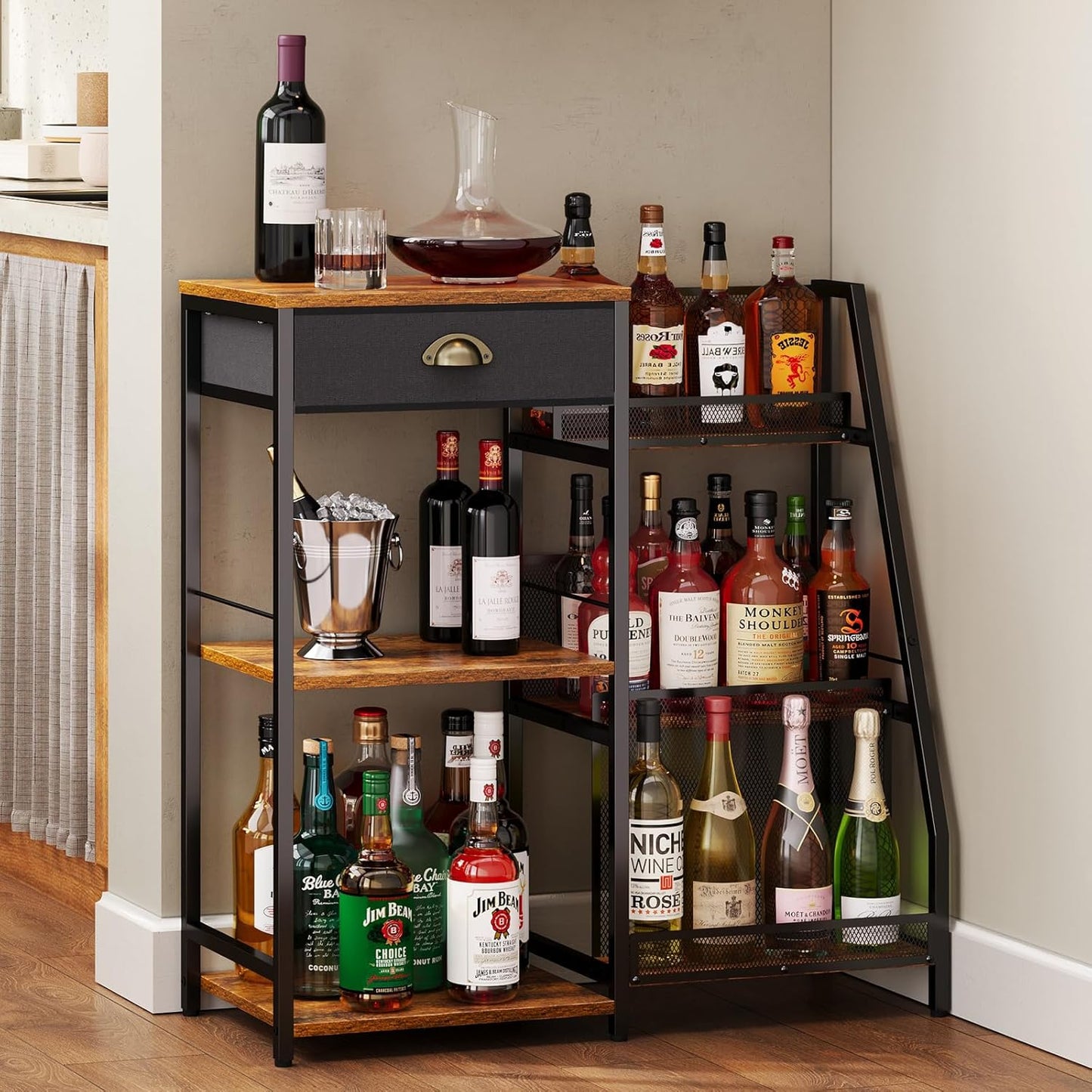 Liquor Cabinet Bar for Home with Drawer, 3-Tier Wine Rack Freestanding Floor and Wine Shelf with Step Design for Whiskey, Spirits, Vintage Mini Bar for Kitchen Apartment