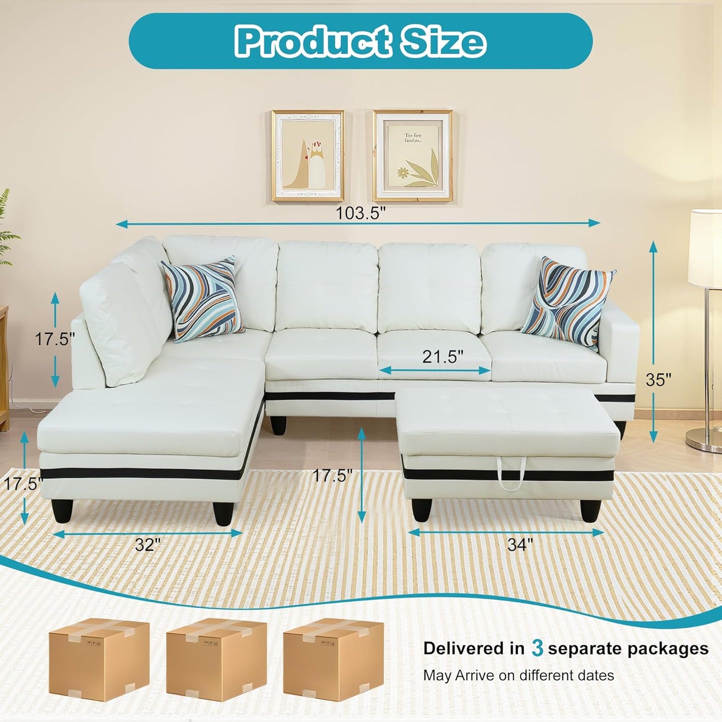 L Shaped Couch PU Leather Sectional Couch Upholstered 3 Pieces Sofas for Living Room with Chaise, Storage Ottoman for Office and Small Apartment, Black and White