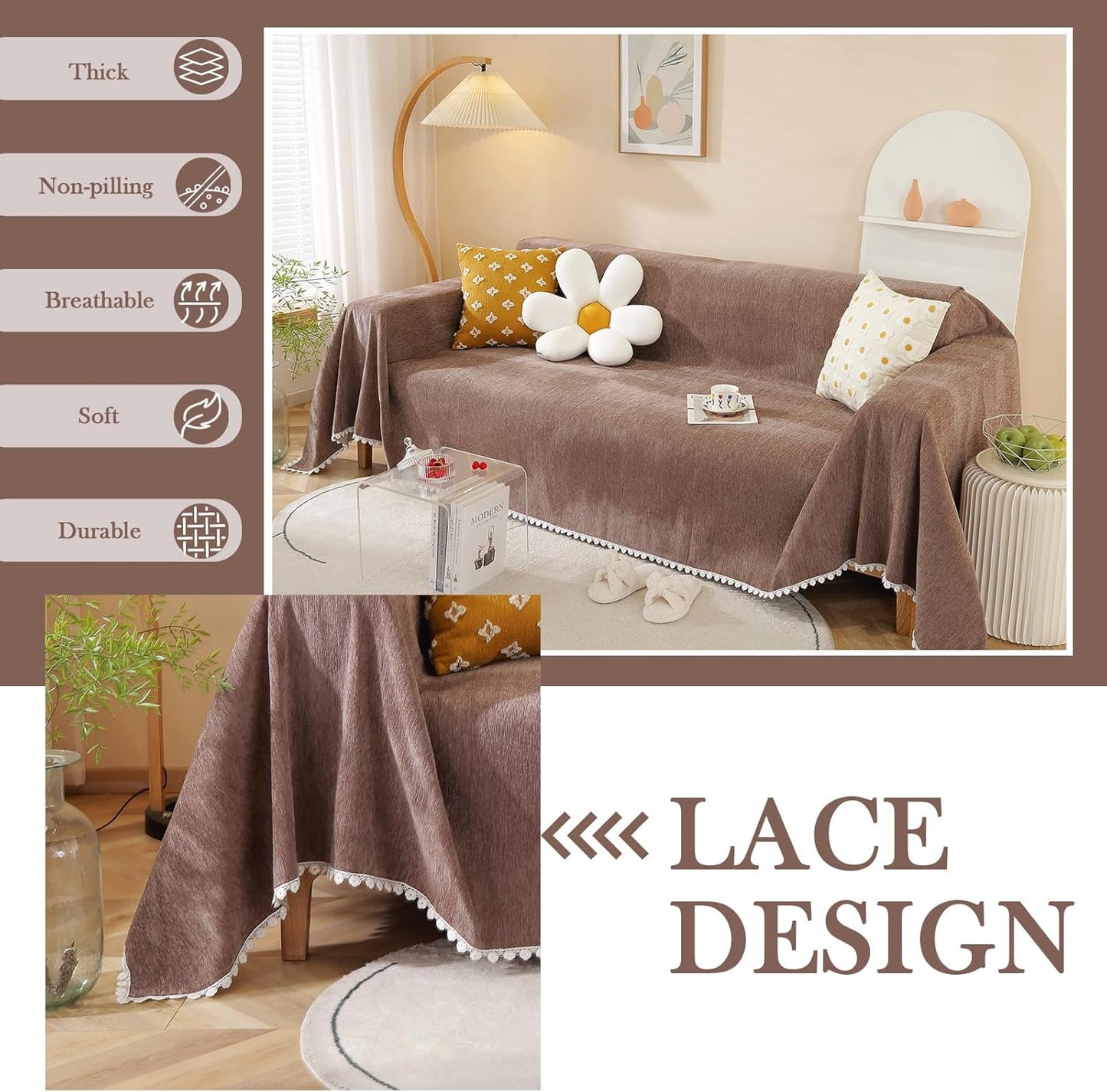 HANDONTIME Brown Sofa Covers Simple Couch Cover for Pet White Floral Couch Cushion Covers for L Shape Chocolate Sofa Throw Cover Sectional Couch Covers for Living Room Machine Washable, 71" X134"