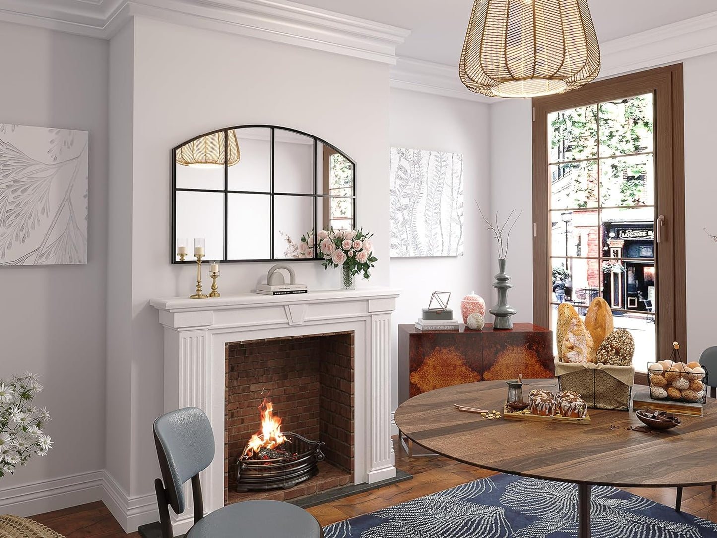 Wide Window Pane Mirror, 42" x 28" Black Arched Mirrors for Wall, Grid Wall Mirror Decorative Large Mirrors for Living Room Bedroom Farmhouse Fireplace Hallway Entryway