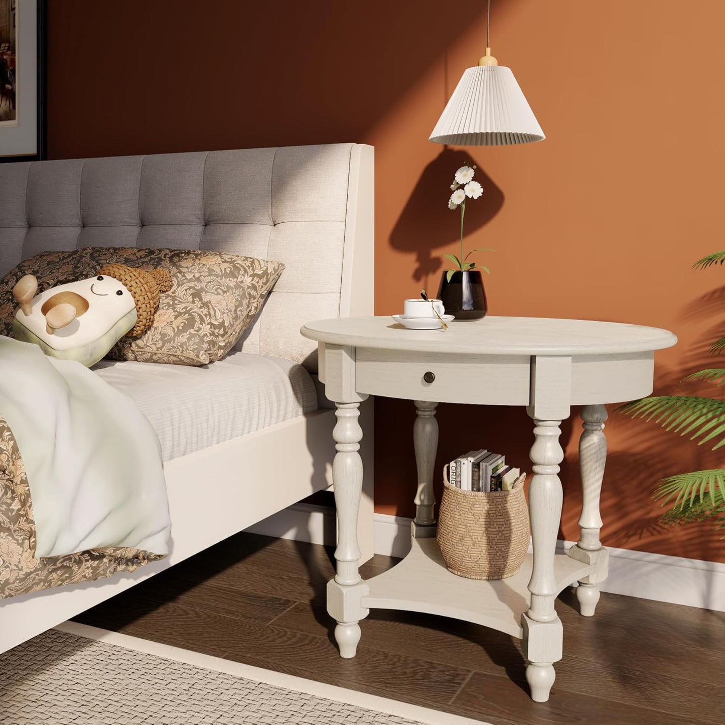 LEEMTORIG Oval Round End Table with Drawer, 2-Tier Solid Wood End Tables, Victorian Antique Nightstand Bedside Table for Bedroom, 28" W x 22" D x 24.2" H, Grey White (not Pure White), CJZ-2233-RW