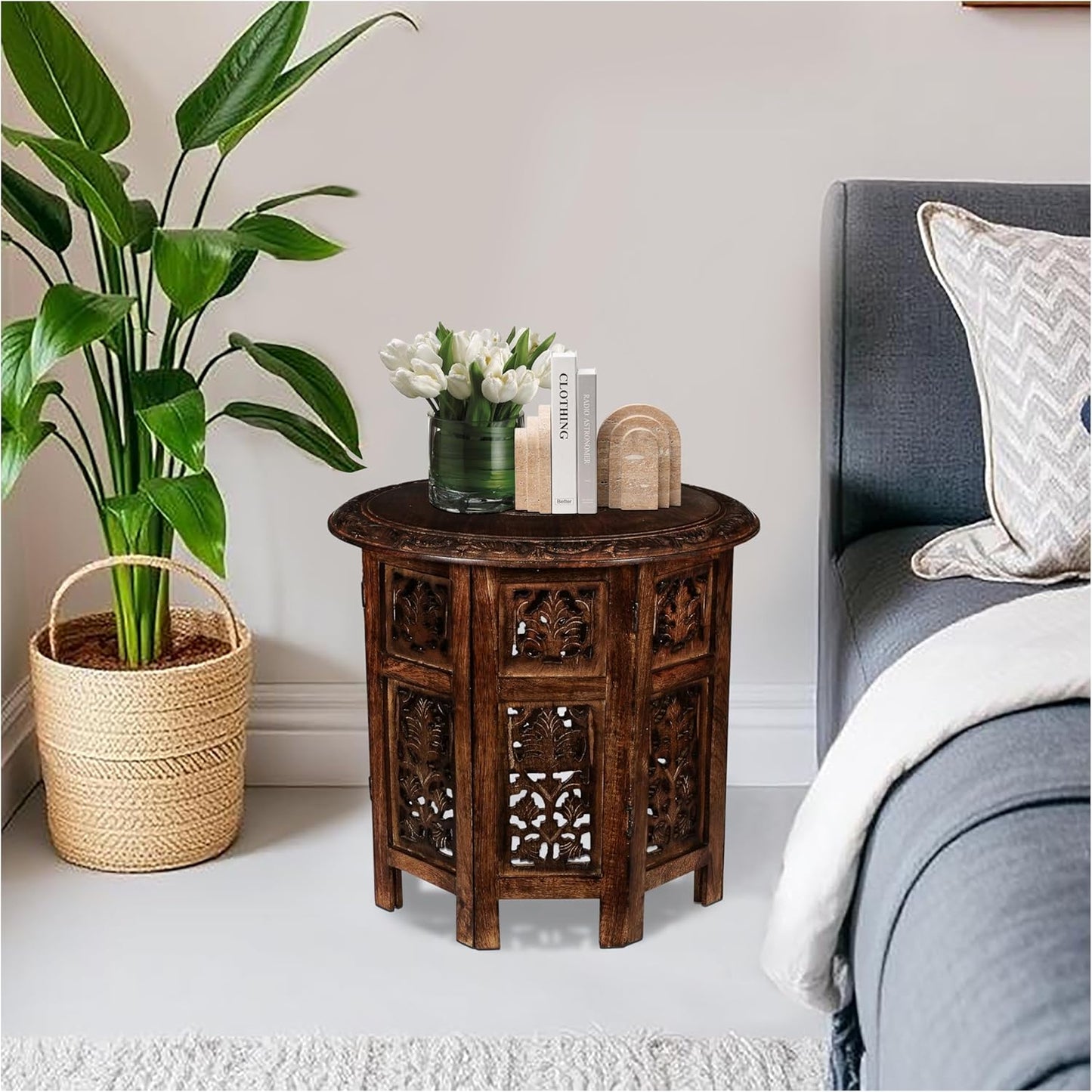 Round Wood Coffee Table - 18” Carved Small Accent Side Table with Burnt Finish, Wooden Altar Table, 18” Round Top x 18” Height, Perfect End Table for Living Room Décor