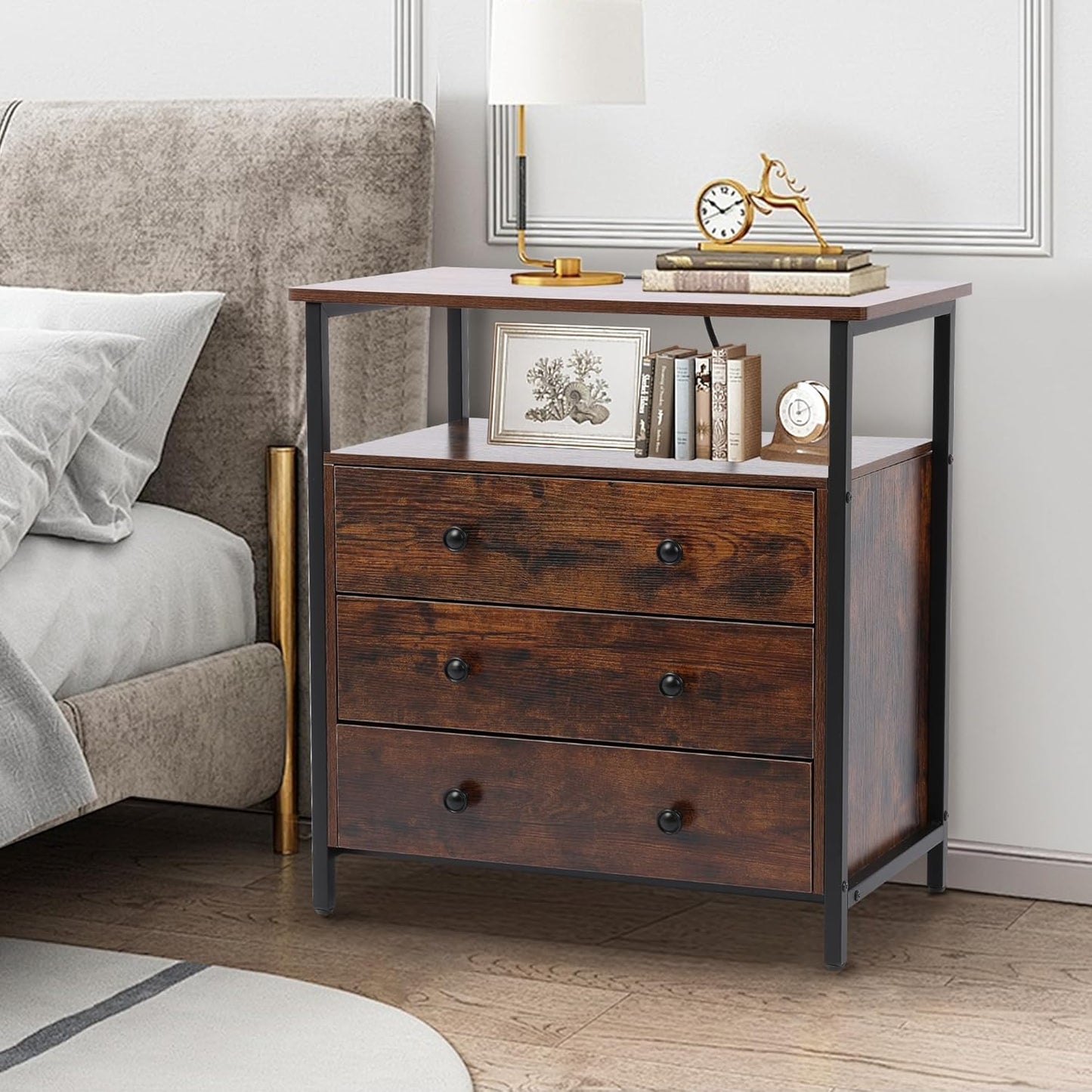 3 Wooden Drawers Nightstand, 27 Inch Wide Night Stand Set 2 with Charging Station and Adjustable Drawers, Bedside Table for Living Room/Bedroom/Office, Retro Brown.