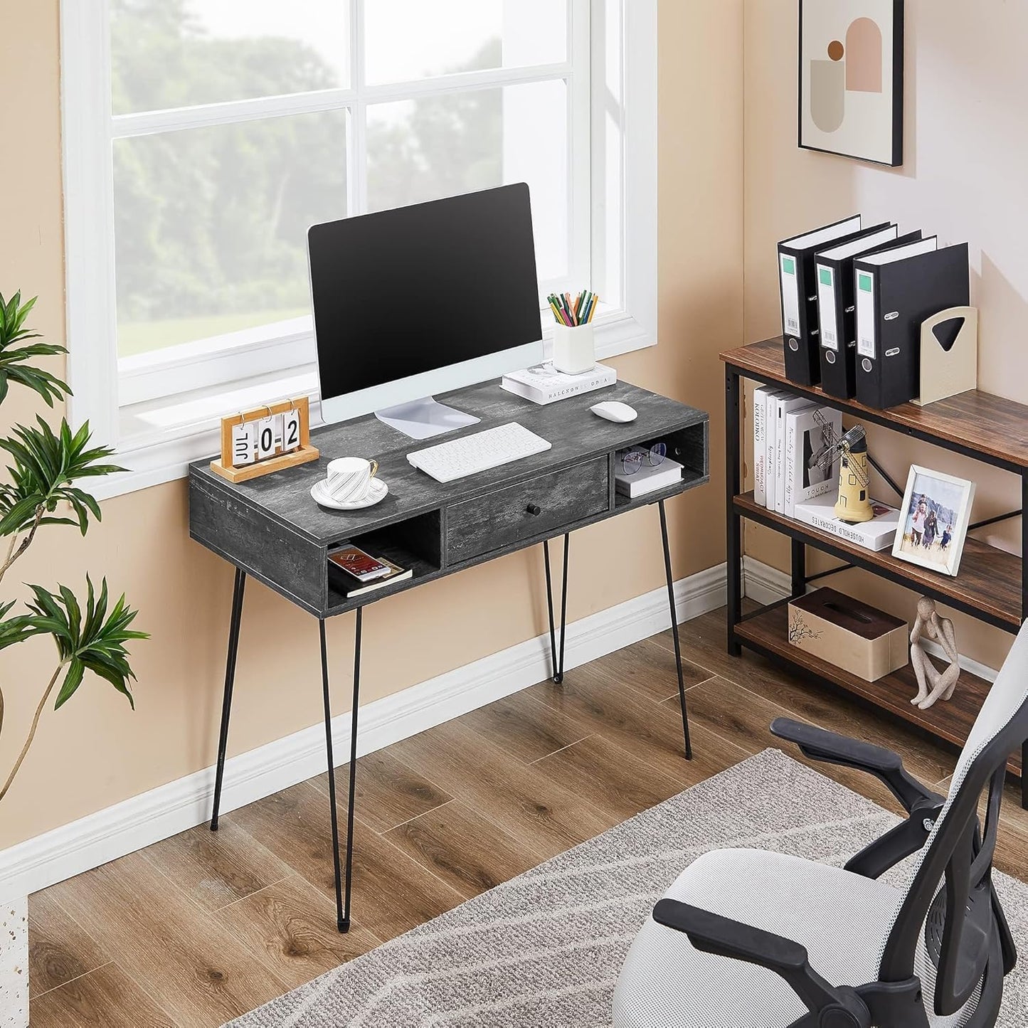 VECELO 39.3" Home Office Work Table with Drawers,Computer Desk with Hairpin Leg for Writing/Study,Classic Grey