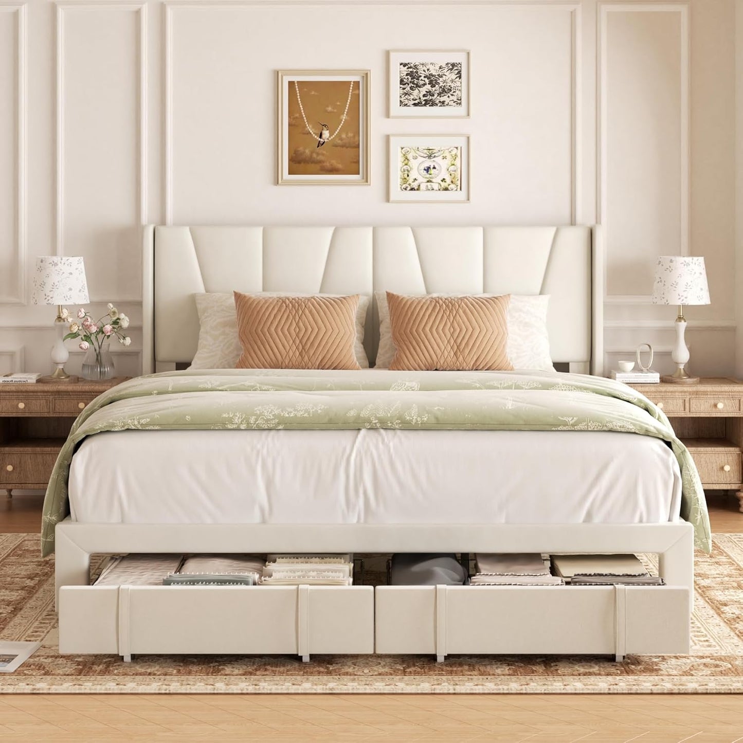 King Bed Frame with Storage Drawers, Upholstered Platform Bed with Headboard and Wingboard, No Box Spring Needed, NO Noise, Easy Assembly, Wooden Support Slats, Beige
