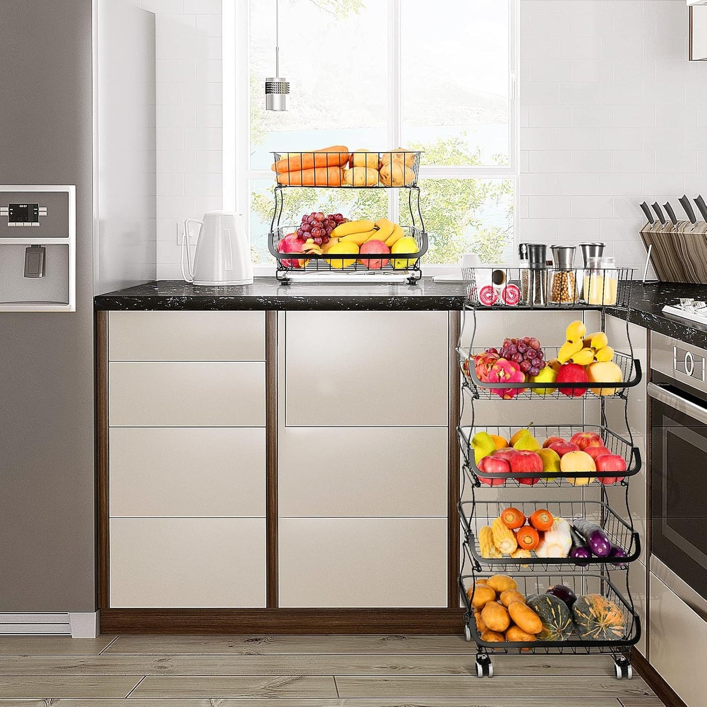 Fruit Vegetable Storage Basket, 5 Tier Stackable Metal Wire Storage Baskets with Wheels, Fruit Vegetable Produce Basket Organizer Bins for Kitchen, Pantry, Bathroom