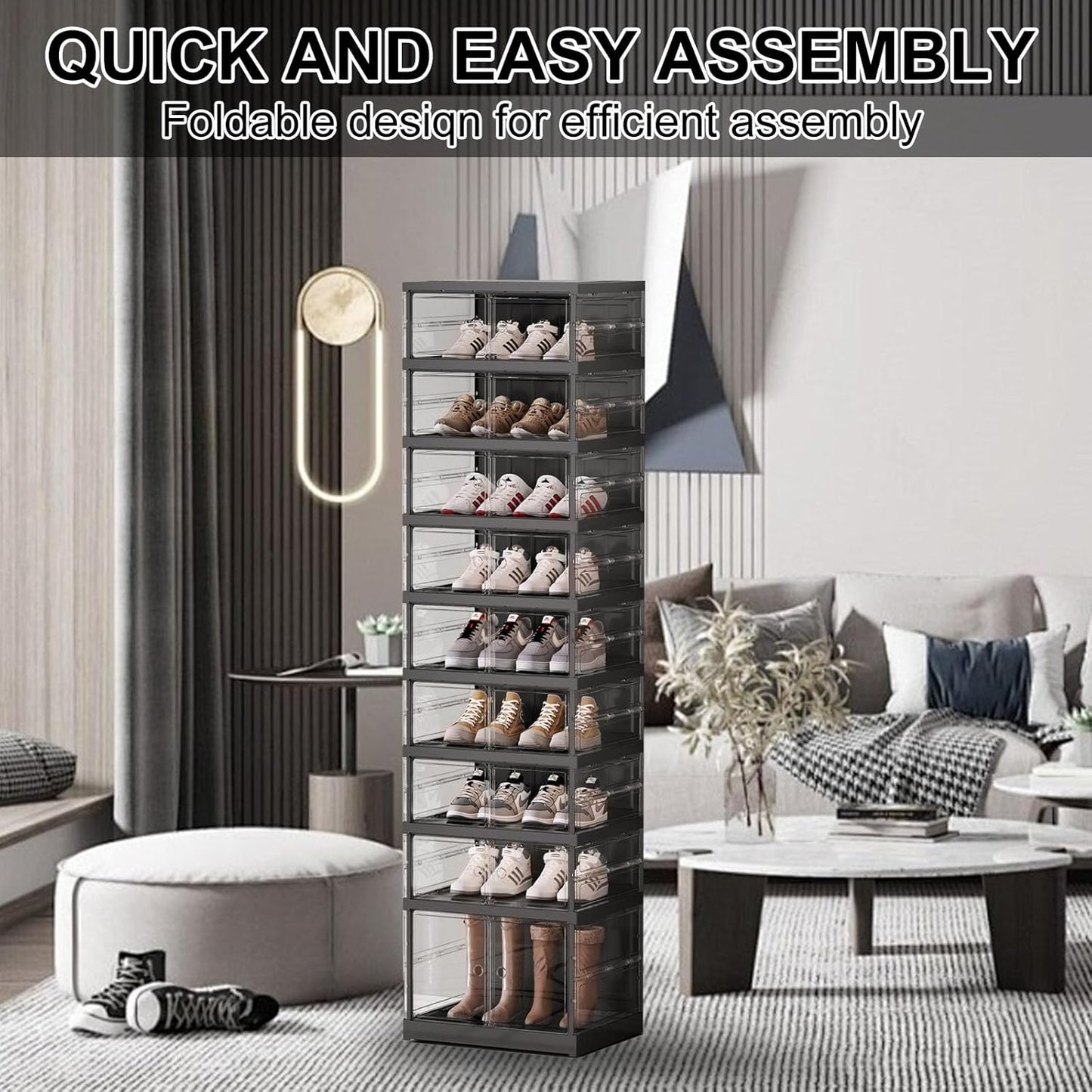 ELPHECO 9 Tier 18 Pairs Foldable Shoe Rack - Clear Shoe Rack Organizer, Folding Entryway Shoe Cabinet, Collapsible Sneaker with Magnetic Doors, Stackable Shoe Shelf,Three-Sided Clear Shoe Box, Black