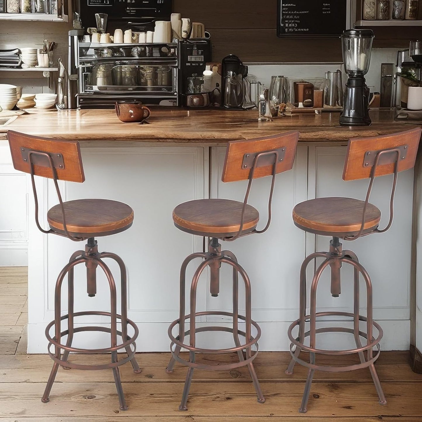 Set of 2-Industrial Bar Stools-Swivel Wooden Seat-Bar Counter Height Adjustable 26-32.2inch-Kitchen Dining Chairs
