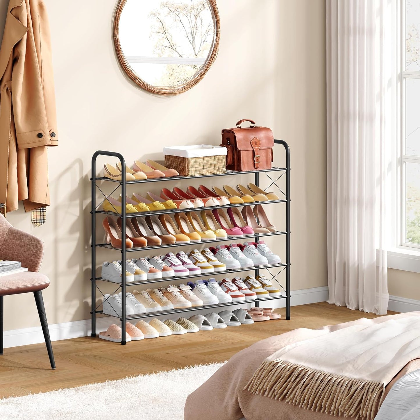 Hoctieon 5 Tier Mesh Style Shoe Rack, Entryway Shoe Shelf, Shoe Storage Organizer, Shoe Rack for Closet, Space Save for Bathroom, Garage, Hallway, Bedroom, Living Room, Black