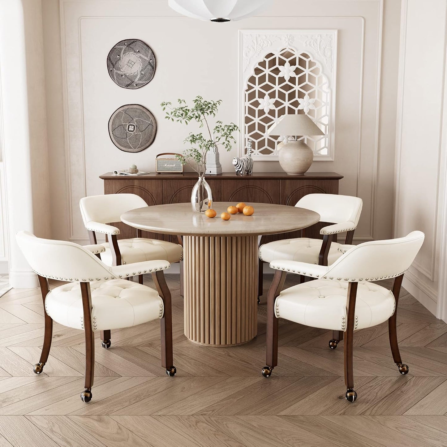 LEEMTORIG Large Dining Chairs with Casters and Arms, Rolling Dining Chairs with Wheels, Accent Game Poker Chairs, Wood Boss Caption's Chairs, 26“Dx25.2 Wx31.5“H, Cherry Legs & Ivory PU, SY-1533-WT