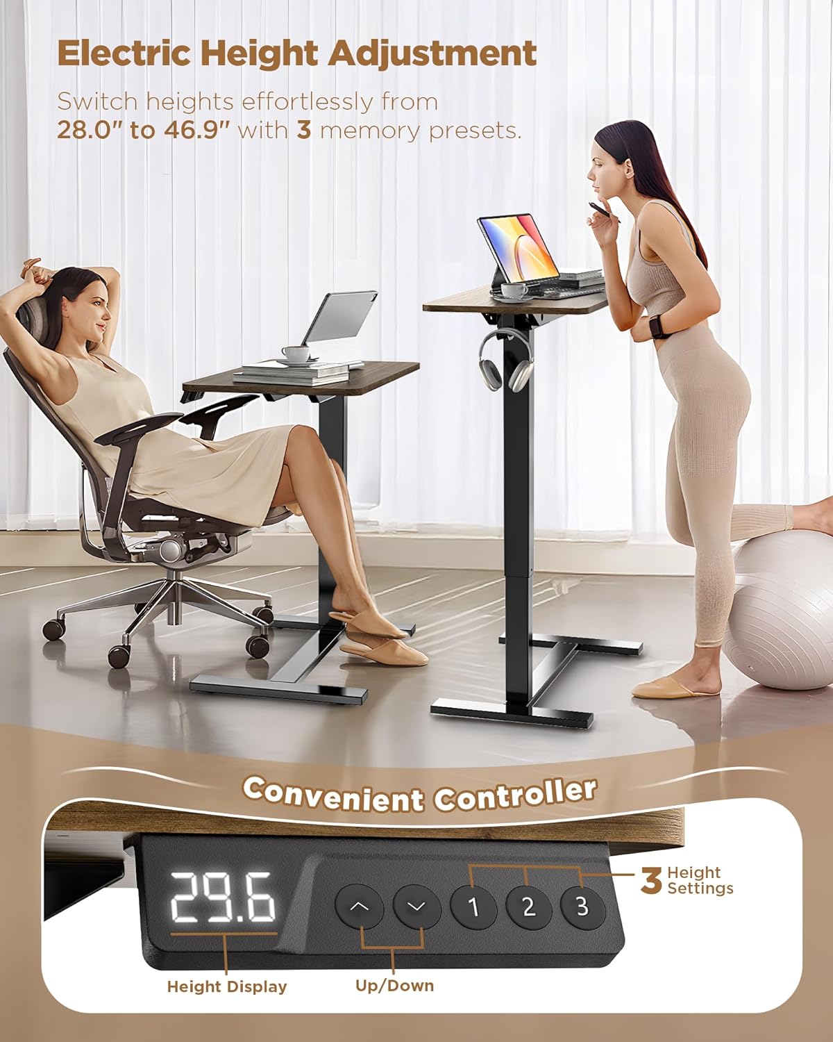 Electric Adjustable Height Standing Desk - Small Sit Stand Portable Rolling Laptop Table with Hidden Wheels, Small Computer Workstation for Bedside & Home Office Use (28"x16",Dark Walnut)