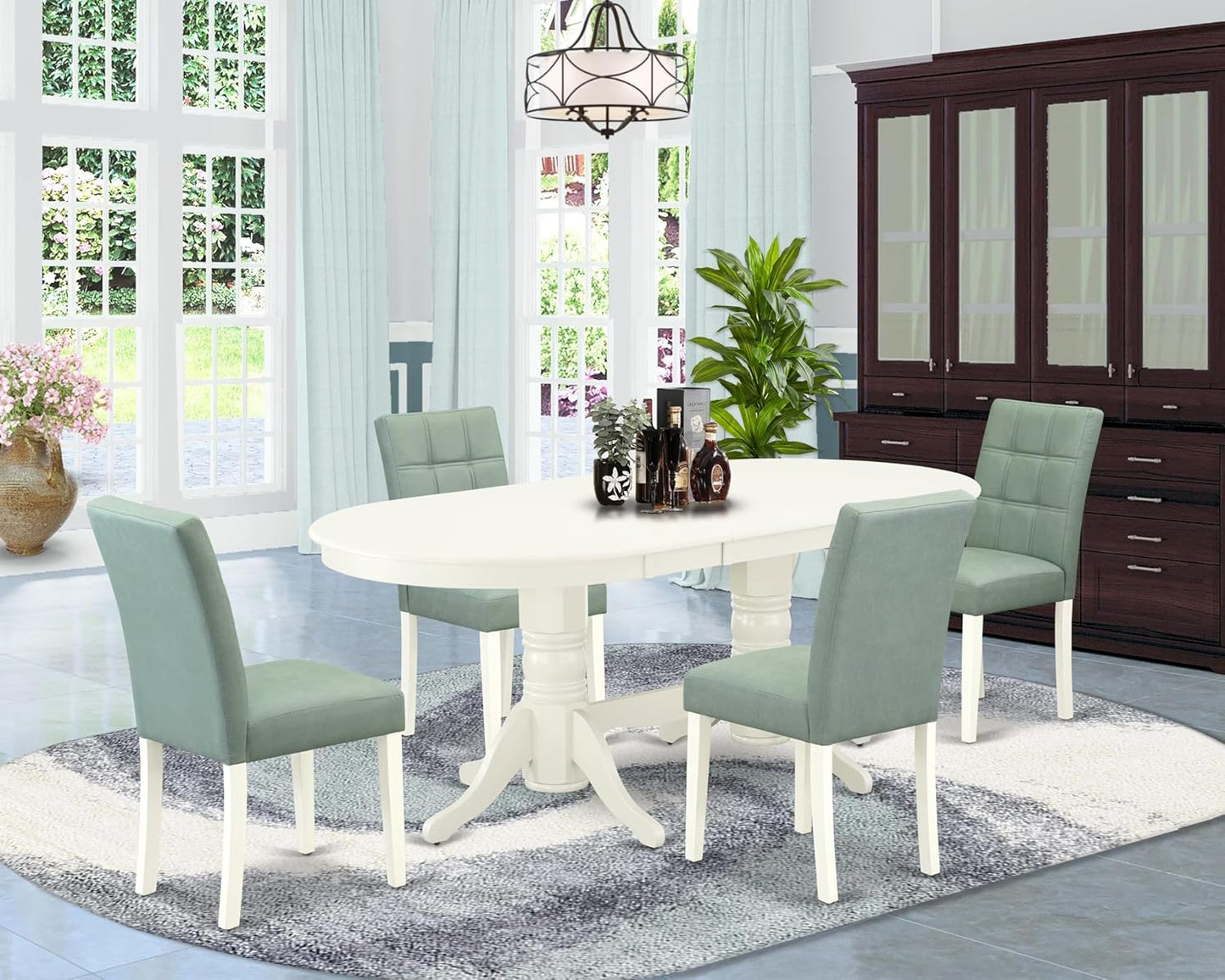 East West Furniture VAAS5-LWH-43 5 Piece Kitchen Table Set contain A Wooden Table and 4 Willow Green Polyester Fabric Mid Century Chairs, Linen White