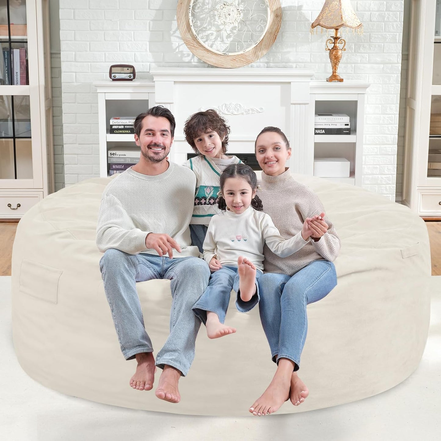 6FT Bean Bag Chair, Large Bean Bag Chairs with Memory Foam Filled, Fluffy Beanbag Sofa with Dutch Velvet Cover, Round BeanBag Chairs for Living Room, Playroom- Beige