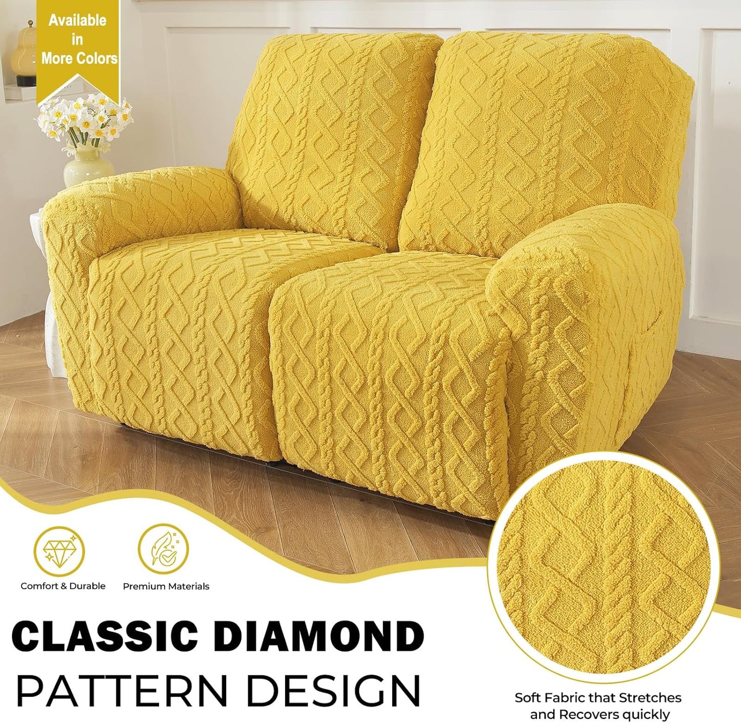 vctops 6 Pieces Geometric Jacquard Plush Recliner Loveseat Slipcovers Soft Fuzzy Fluffy Sofa Couch Cover Anti-Slip Furniture Protector with Elastic Bottom for Kids Cats Dogs(Yellow,2 Seat)