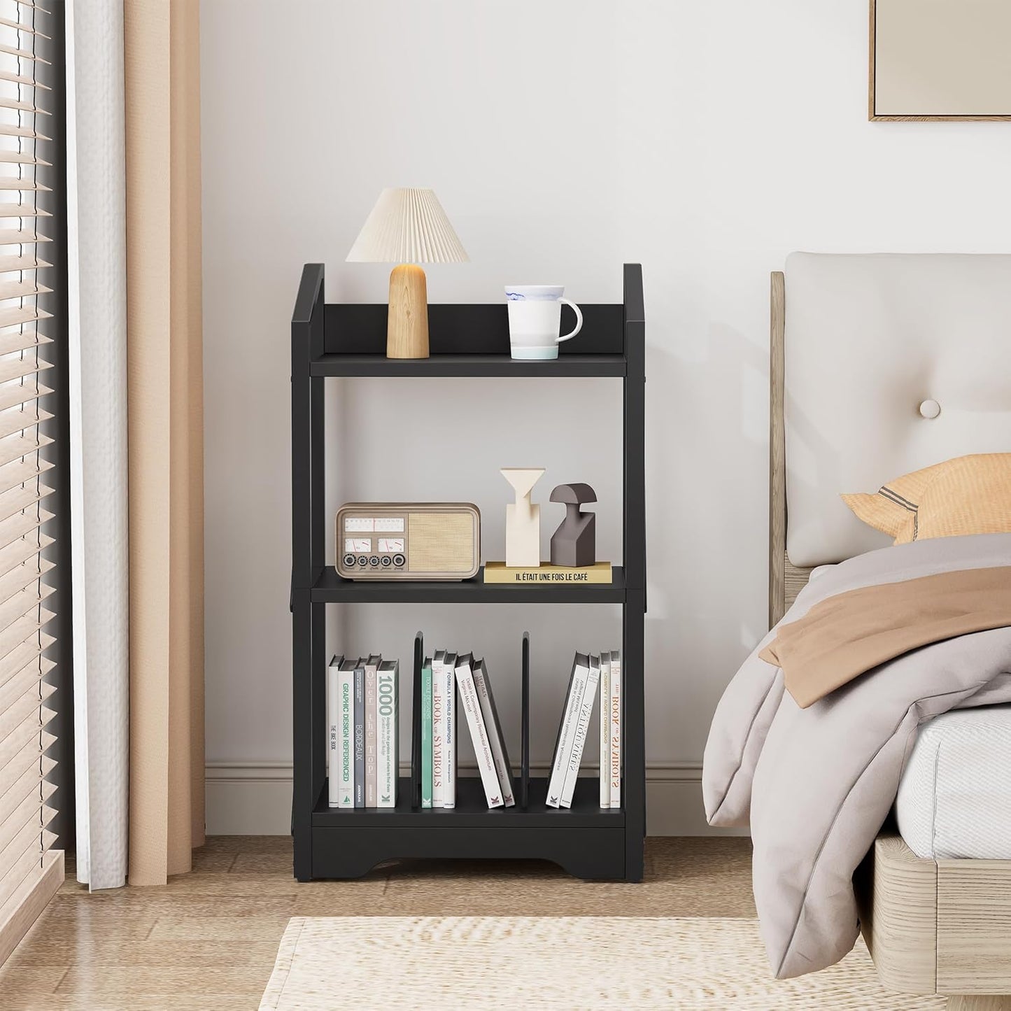 Vagusicc Bookshelf, 3 Tier Industrial Bookcase, Metal Small Bookcase, Rustic Open Book Shelf Storage Organizer for Living Room Bedroom Home Office, Small Bookshelf (Black)