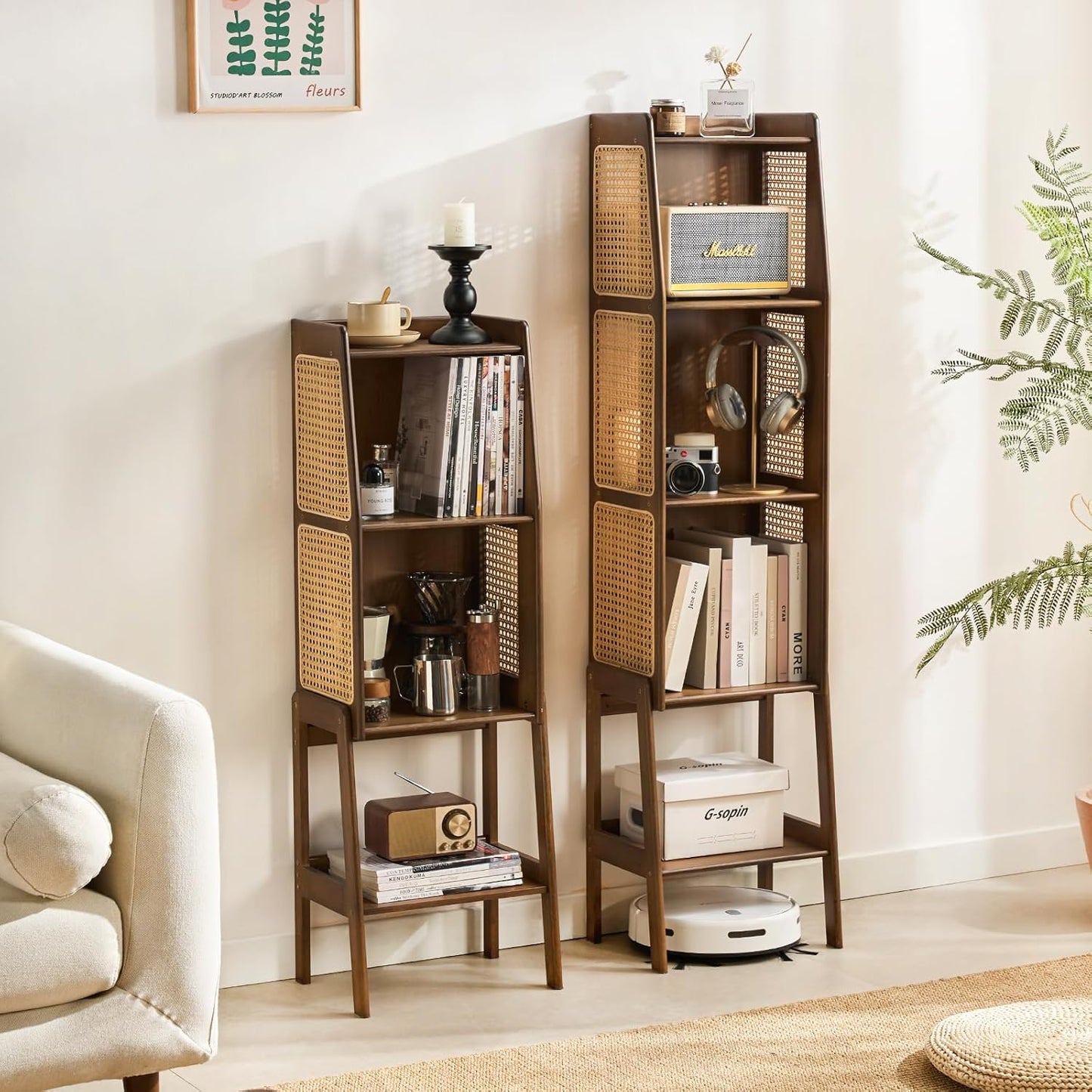 Welnow Bamboo Rattan Bookcase with Cabinet, 3-Tier Storage Shelf with Side Table & End Table Function, Large Modern Wood Organizer for Living Room or Bedroom, Walnut Bookshelf