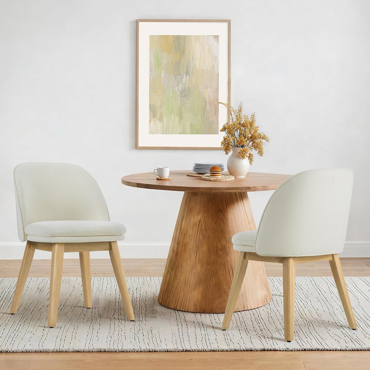 Wooden Dining Chairs Set of 2, Fabric Upholstered Modern Dining Room Chairs with Double-Layer Thick Seat Cushion & Ergonomic Backrest for Restaurant, Kitchen and Café, Beige