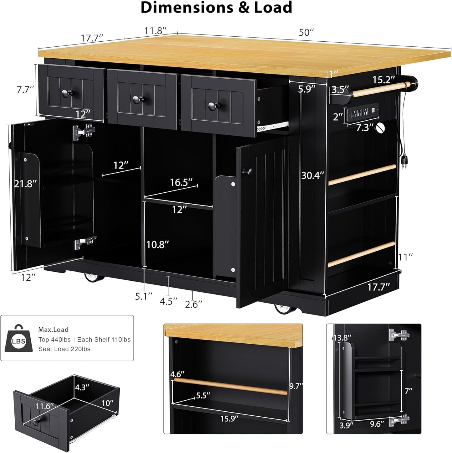 53" Large Kitchen Island with Drop Leaf,Power Outlet & Door Internal Storage Rack,Rolling Kitchen Cart on 5 Wheels W/ 5 Open Side Racks for Kitchen,Dining Room,Black(Not Include bar stools)