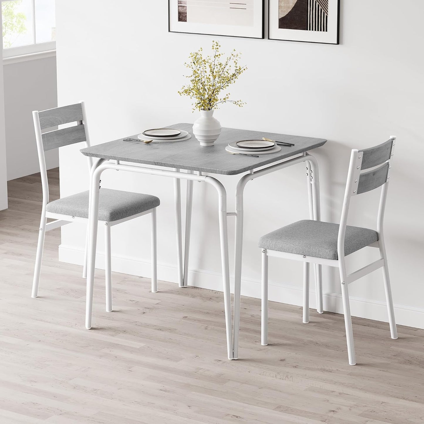 Dining Table for 2, Small Table and Chairs Set of 2, Square Dinette Set for 2, 3 Piece Kitchen & Dining Room Sets for Small Space (White, Table with 2 Upholstered Chairs)