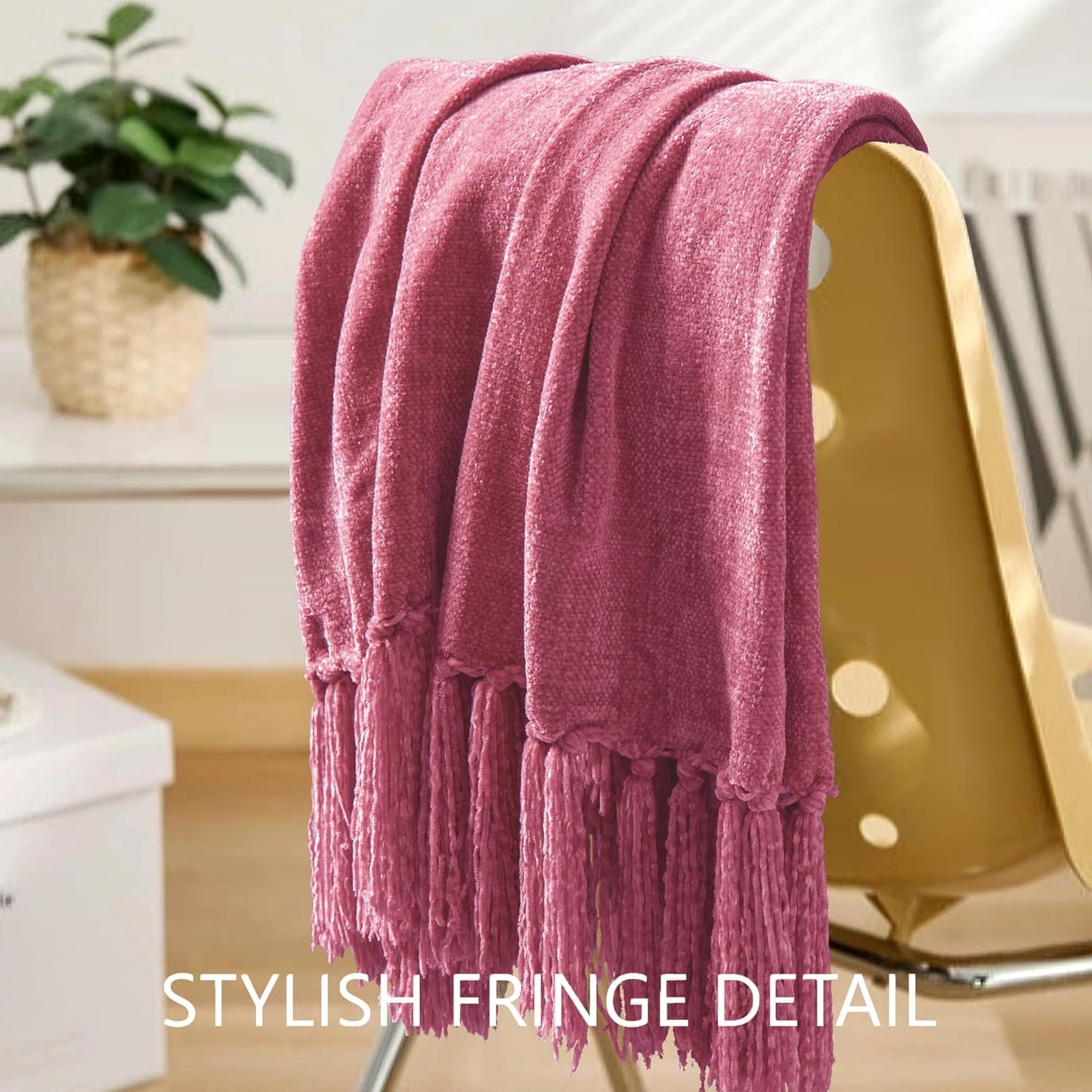 Chenille Throw Blanket for Couch 60"X 80" Twin, Soft Cozy Throws with Fringe Tassel for Bed Sofa Chair Cover, Lightweight Knitted Decorative Boho Blankets for Living Room, Rose Pink