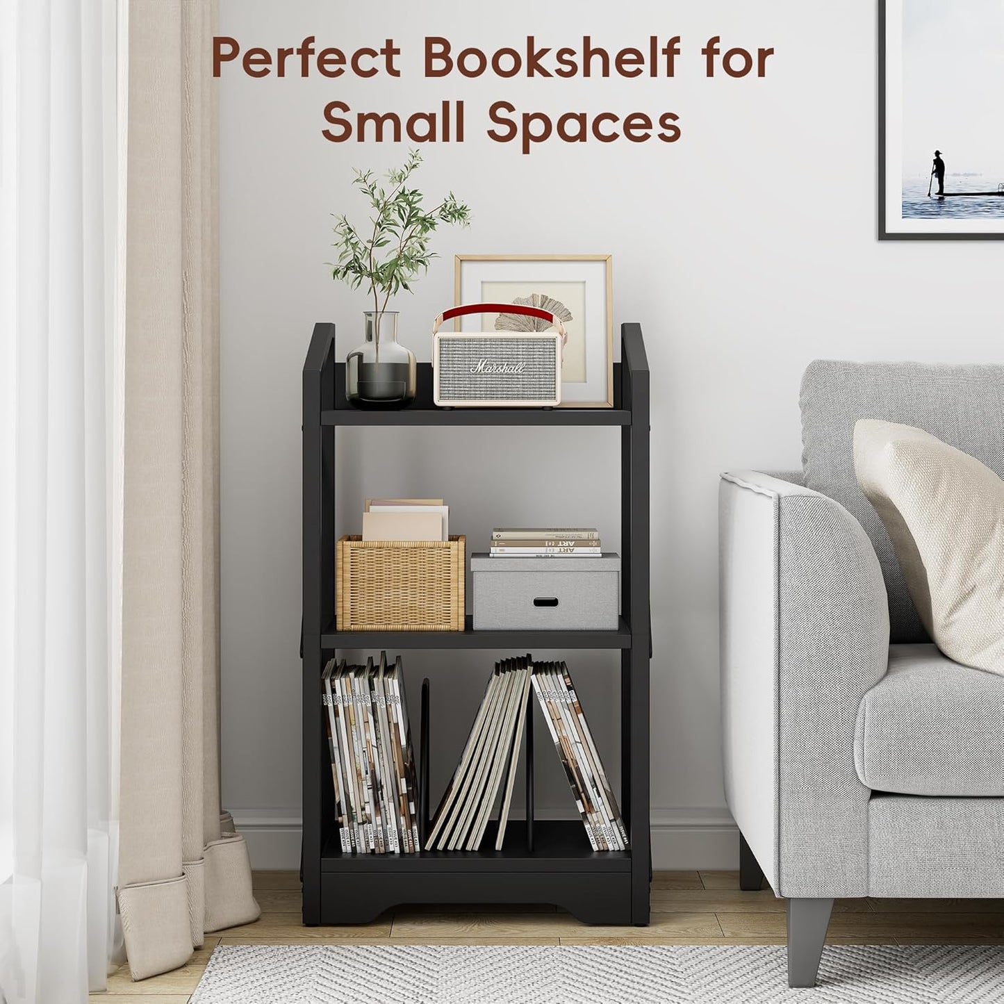 Vagusicc Bookshelf, 3 Tier Industrial Bookcase, Metal Small Bookcase, Rustic Open Book Shelf Storage Organizer for Living Room Bedroom Home Office, Small Bookshelf (Black)