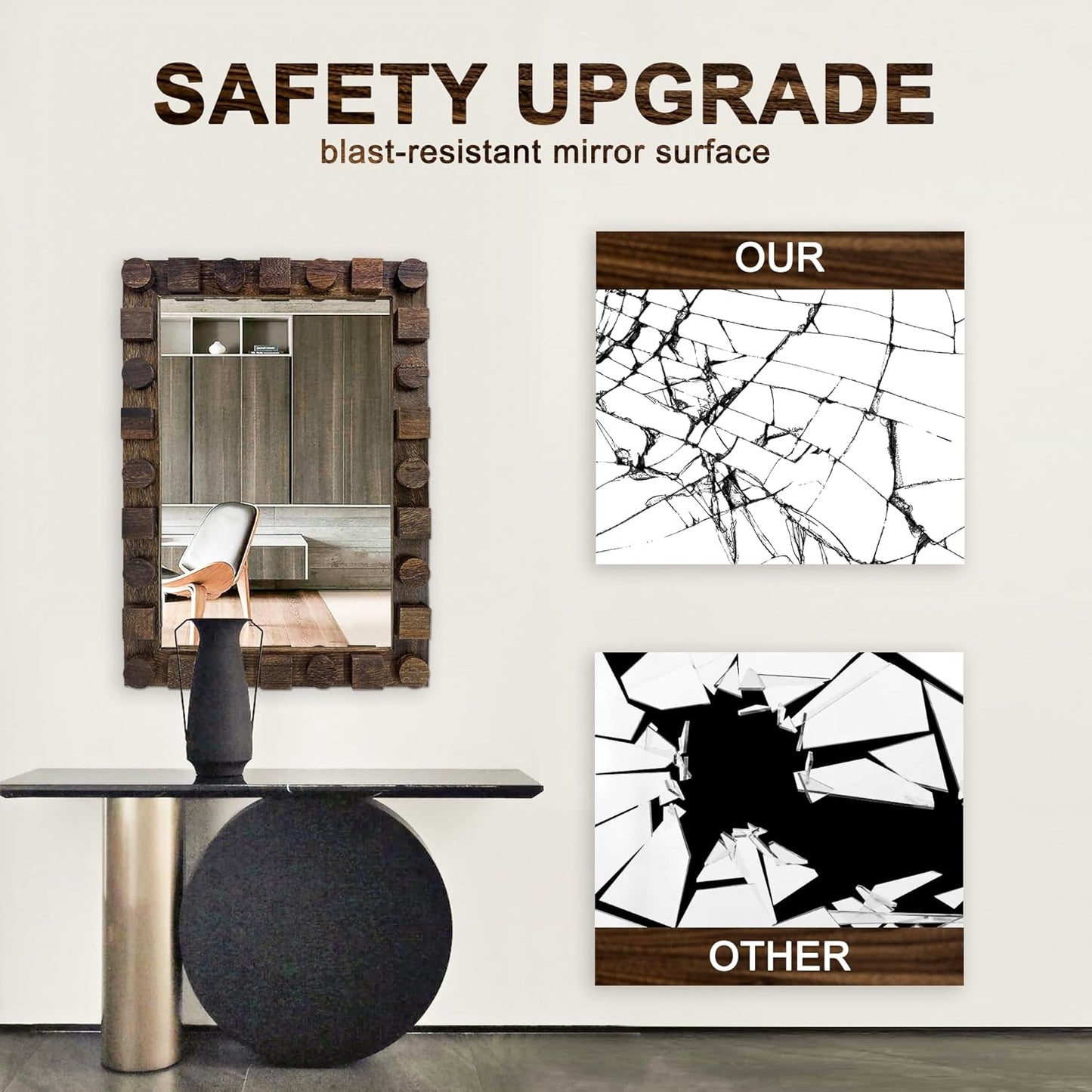 28x20 Inch Handcrafted Solid Wood Square Wall Mirror with Geometric Wood Inlay Design, Rustic Natural Texture for Bathroom, Bedroom, Living Room Decor