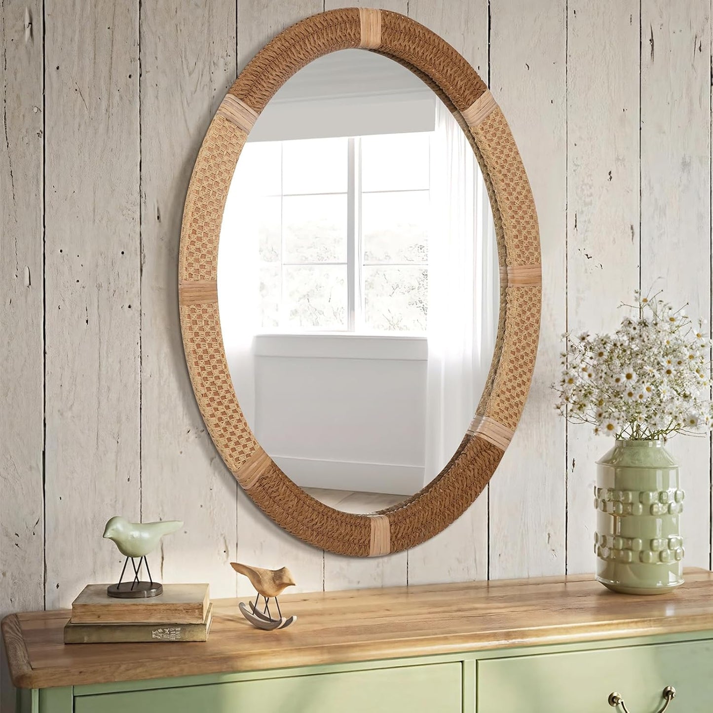 ULIKE Oval Rattan Wall Mirror, 22x30 Inch Rustic Farmhouse Wall Decor with Wicker Frame, Boho Mirror for Nursery Bathroom Bedroom Living Room Entryway