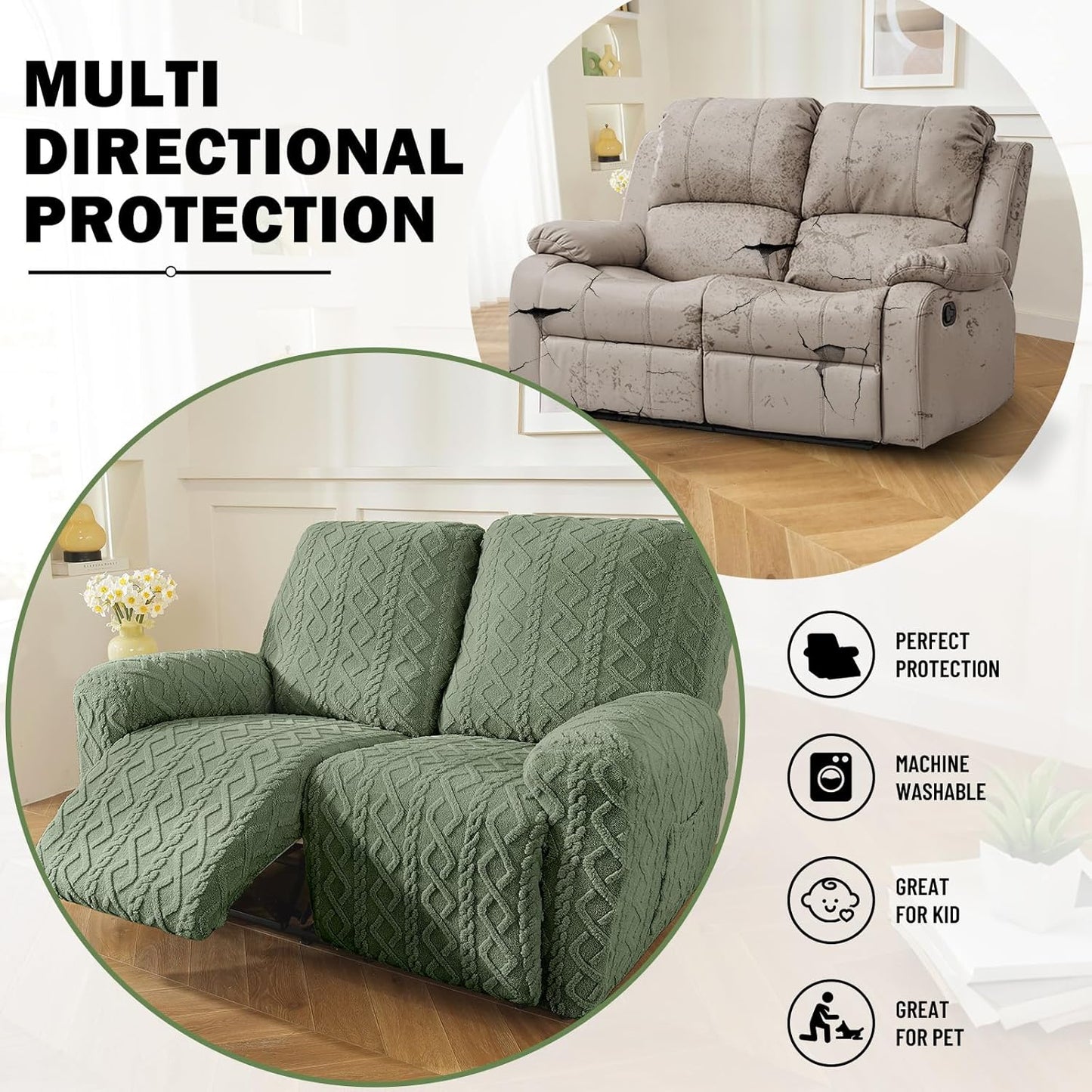 vctops 6 Pieces Geometric Jacquard Plush Recliner Loveseat Slipcovers Soft Fuzzy Fluffy Sofa Couch Cover Anti-Slip Furniture Protector with Elastic Bottom for Kids Cats Dogs(Green,2 Seat)