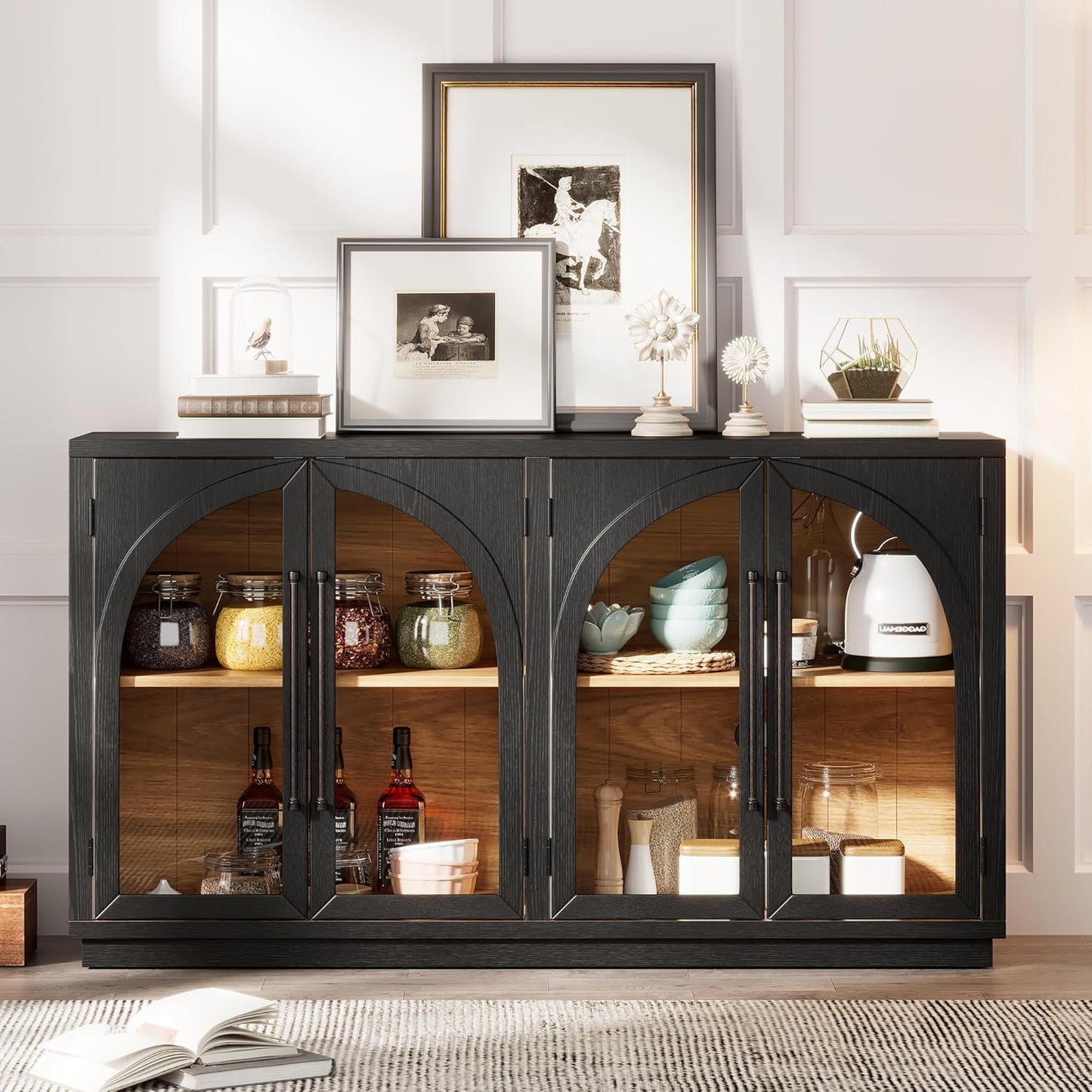 Merax Wood Farmhouse Buffet Sideboard with Adjustable Shelves and 4 Glass Doors, Coffee Bar Cabinet TV Stand for Living Room Bedroom Kitchen Black