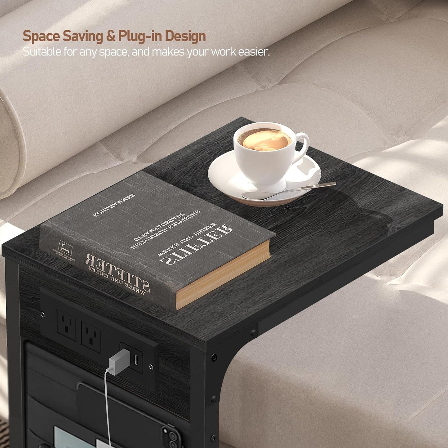 TUTOTAK C Shaped End Table with Charging Station, Side Table for Sofa, Couch Table with Storage Bag, TV Tray Table with 2 USB Ports and Outlets for Living Room, Bedroom, TB01BY024