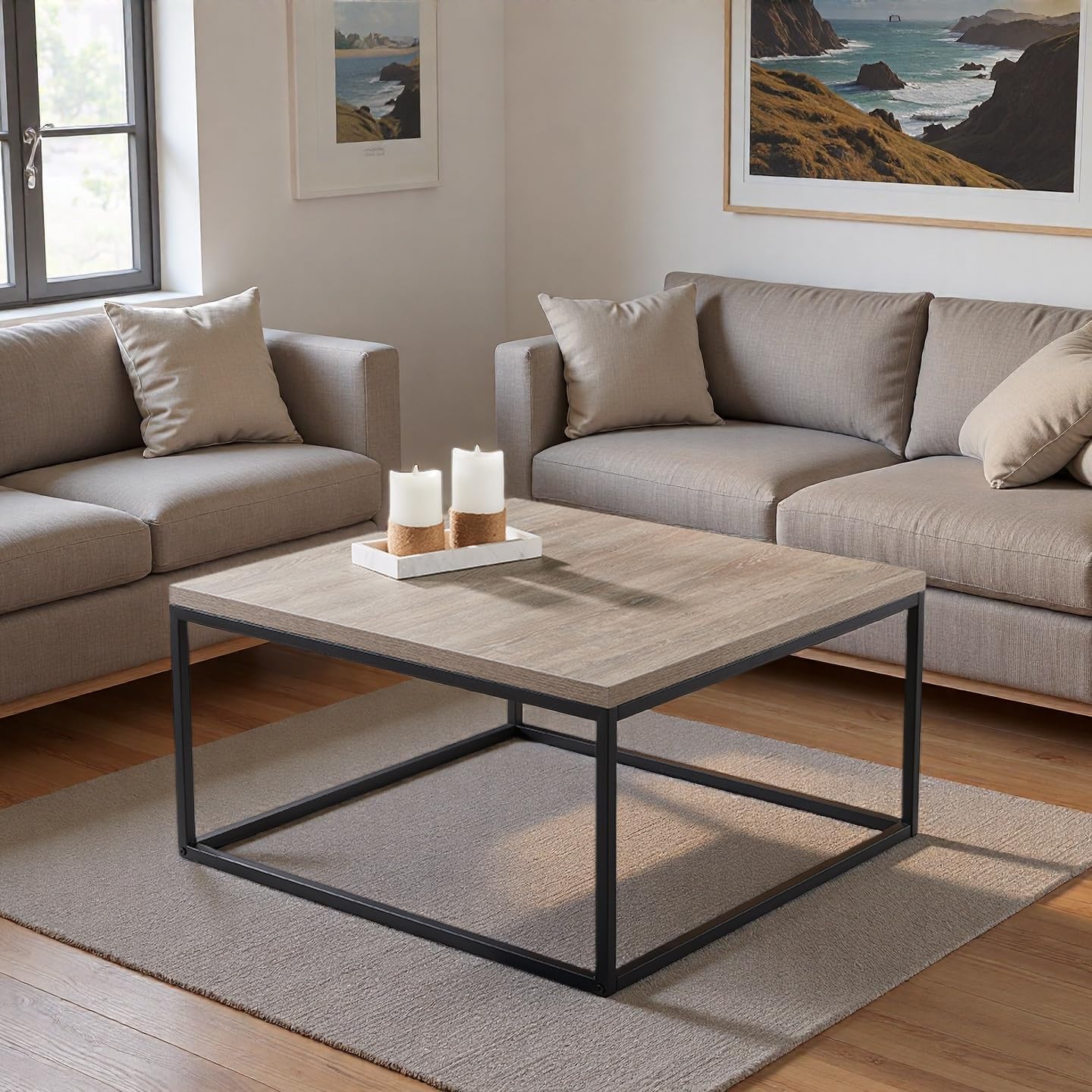 CENSI 30"x30" Grey Wash Accent Coffee Table Ottoman for Living Room, Modern Industrial Style, 1.2" Extra Thick Tabletop (French Oak)