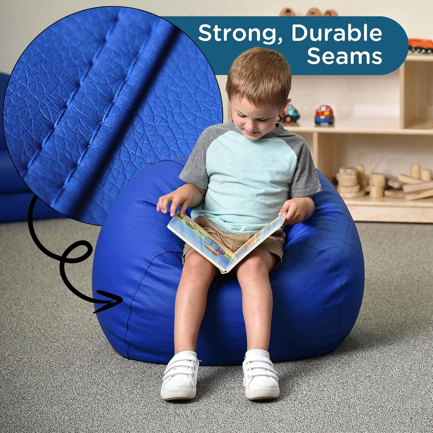 Children's Factory 26" Round Bean Bag, Bean Bag Chair with Water-Resistant Cover for Kids, Flexible Seating for Classroom Elementary, Easy to Clean, Blue