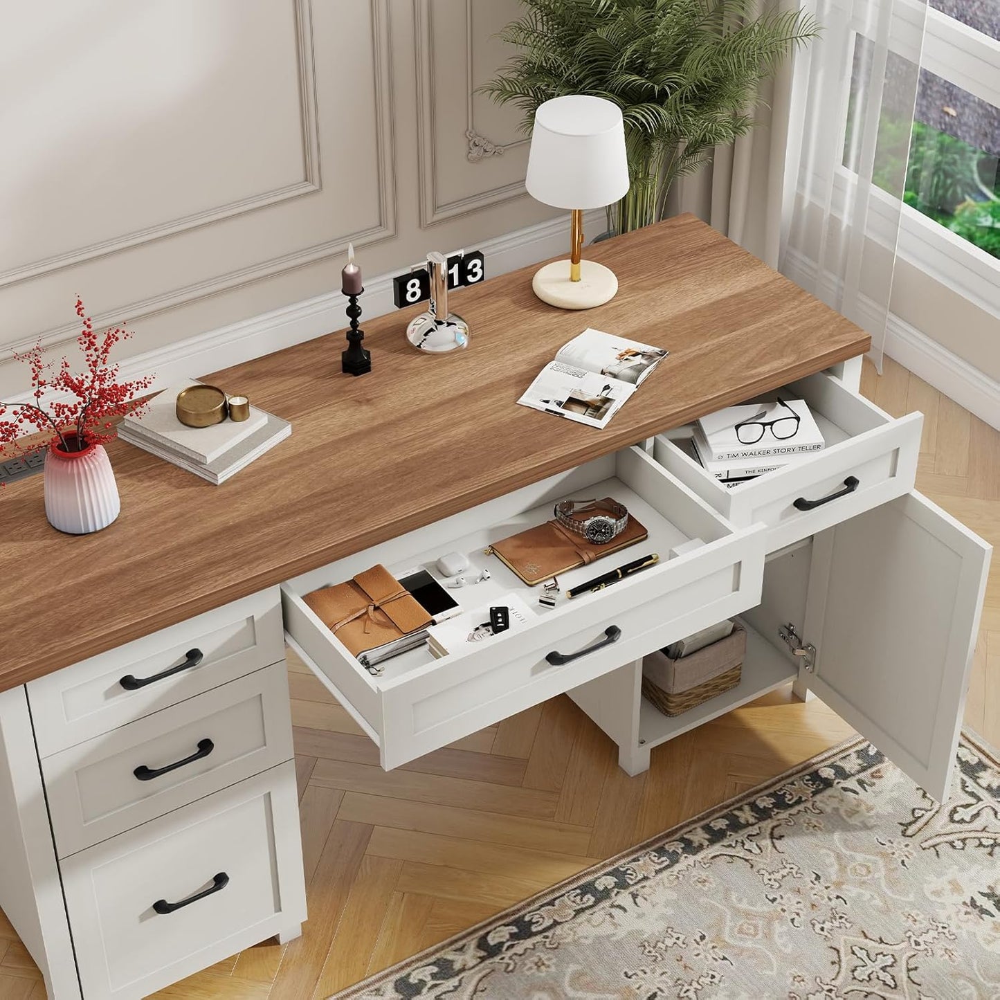 Farmhouse 61'' Executive Desk with 5 Drawers, Rustic Office Desk Computer Desk with Charging Station, File Drawers and Storage Cabinet, Wood Workstation for Home Office and Study.(Brown Top)