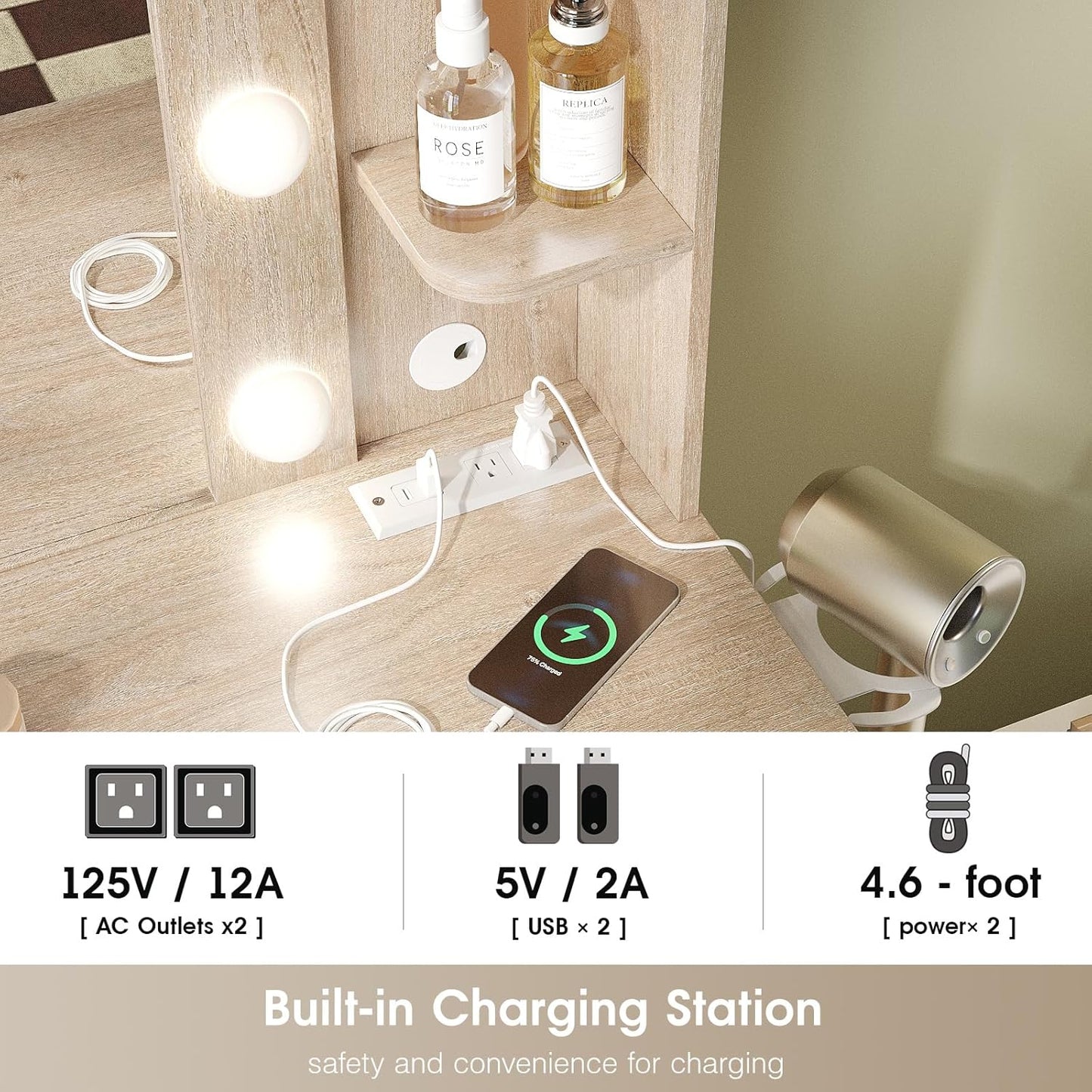 Vabches Vanity Desk with Mirror and Lights,Makeup Vanity Table with Charging Station,2 Drawer Bedroom Dressing Table with 3 Colors Modes Dimming & Cushioned Stool,Natural Oak