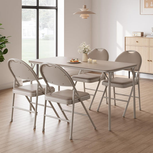 GarveeHome 4 Pack Folding Chairs with PU Leather Padded Cushion and Back, Metal Foldable Chair for Indoor Outdoor, Commercial Stackable Guest Chairs for Camping, Dining Room, Office, Party, Beige