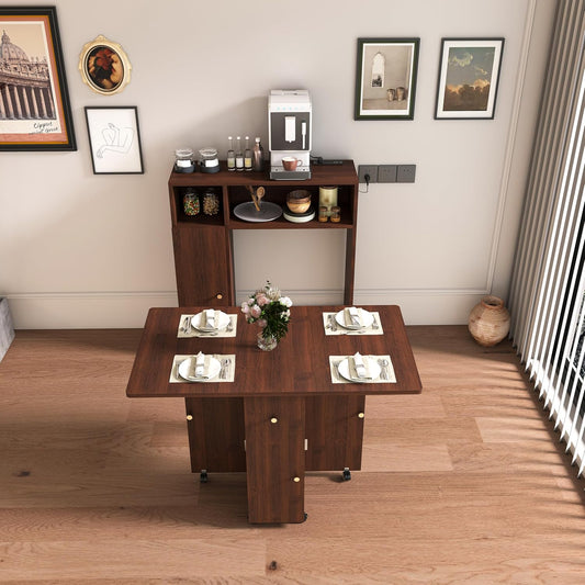 Ball & Cast Multifunctional Folding Dining Table with Wall-Mounted Sideboard & Storage,Wood Kitchen Island w/Four-in-one Socket and Silent Wheels,Space-Saving,Easy to Assemble,for Dining Room,Walnut