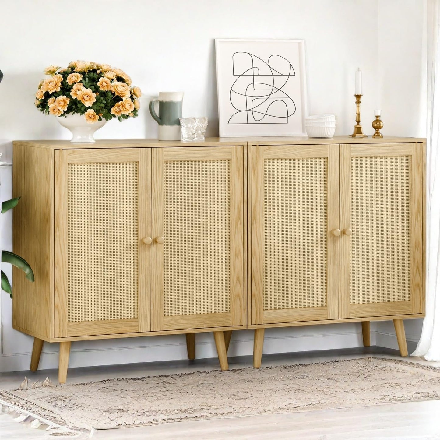 Set of 2 Rattan Sideboard Buffet Cabinets, Stylish Accent Cabinets with Adjustable Shelves & Doors, Ideal for Kitchen & Entryway Storage, Wood Oak