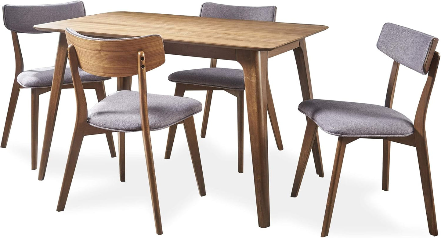 Christopher Knight Home Megann Mid-Century Wood Dining Set with Fabric Chairs, 5-Pcs Set, Natural Walnut / Dark Grey