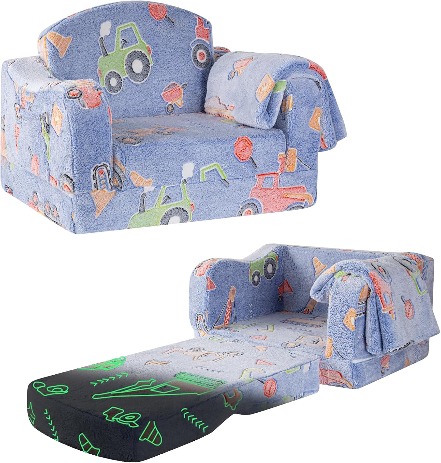 Comfy Toddler Chair and Couch for Kids with Blanket,2-in-1 Soft Plush Fold Out Toddler Couch for Girls and Boys,Convertible Sofa to Lounger for Playroom,Car Excavator