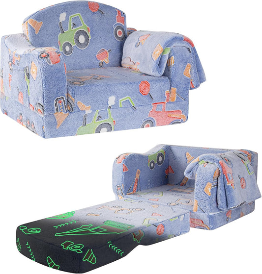 Comfy Toddler Chair and Couch for Kids with Blanket,2-in-1 Soft Plush Fold Out Toddler Couch for Girls and Boys,Convertible Sofa to Lounger for Playroom,Car Excavator